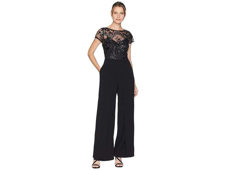 

Adrianna Papell Jumpsuit with Short Sleeve and Illusion Beaded Neckline (Black) Women's Jumpsuit & Rompers One Piece