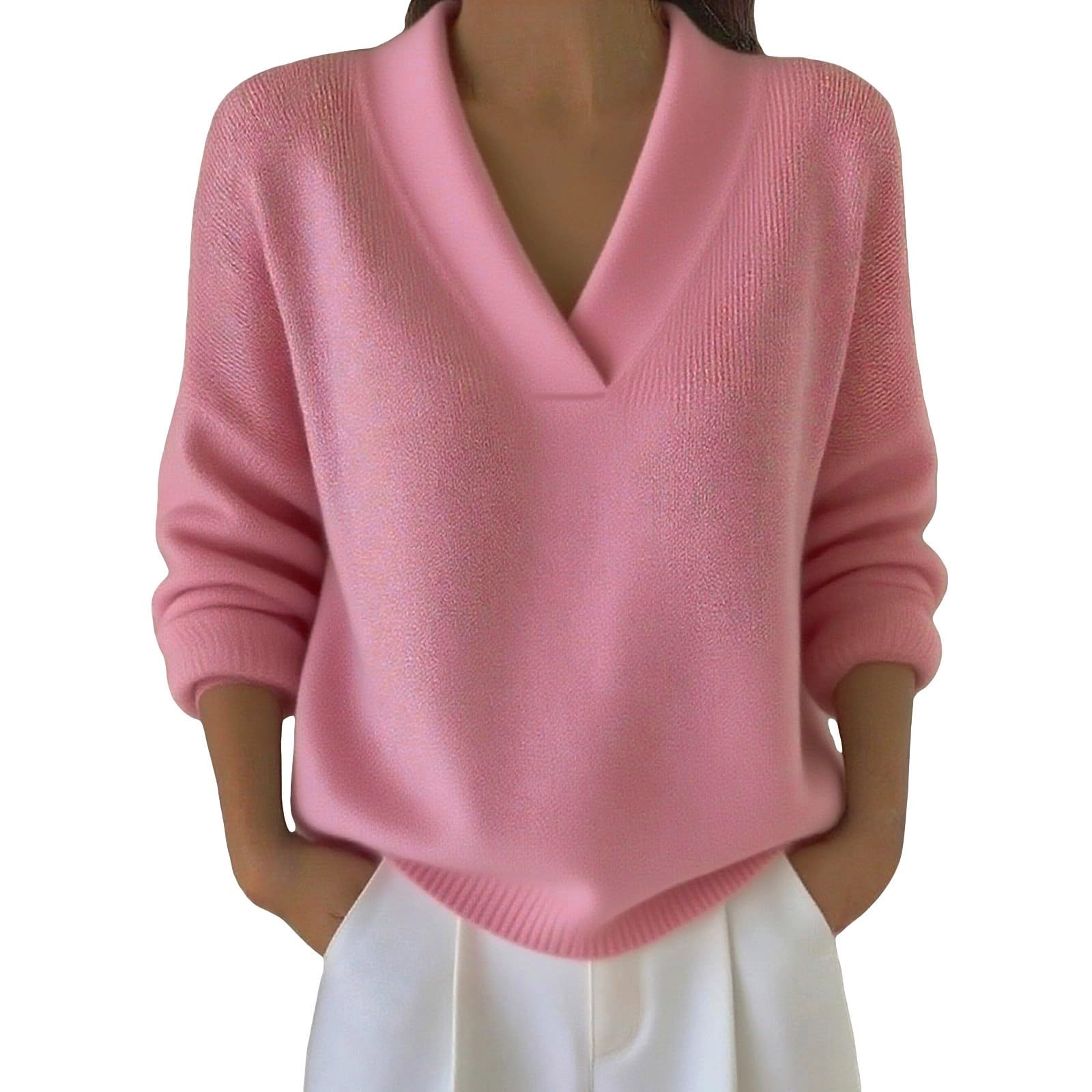 Women V Neck Casual Knit Solid Color Long Sleeve Sweatshirts Comfy Warm Thick Soft Winter Baggy Clothes