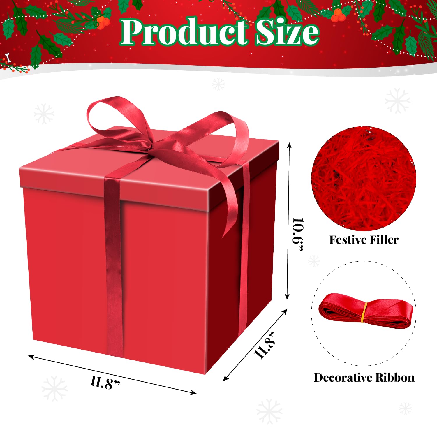 Große Geschenkbox mit Deckel für Geschenk, faltbare Geschenkbox mit Füllpapier, für Weihnachten, Geburtstag, Jahrestag, Valentinstag, 30,5 x 30,5 x 25,4 cm, Rot