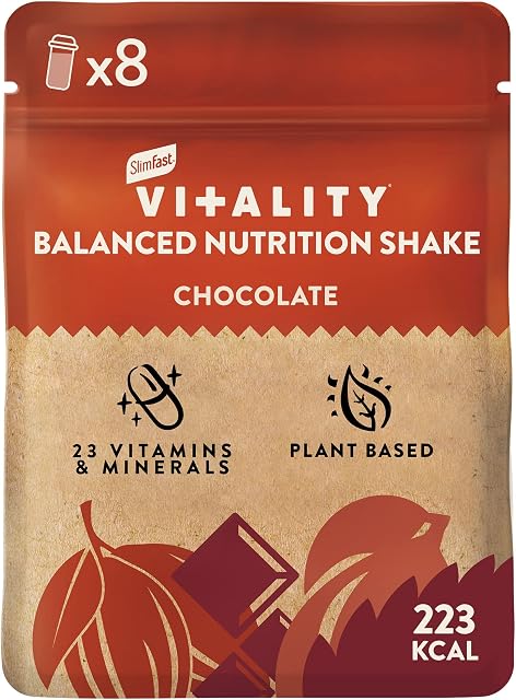 SlimFast Vitality Balanced Nutrition Shake with Vitamins and Minerals for Balanced Lifestyle, Vegan, Chocolate Flavour, 8 Servings, 480 g
