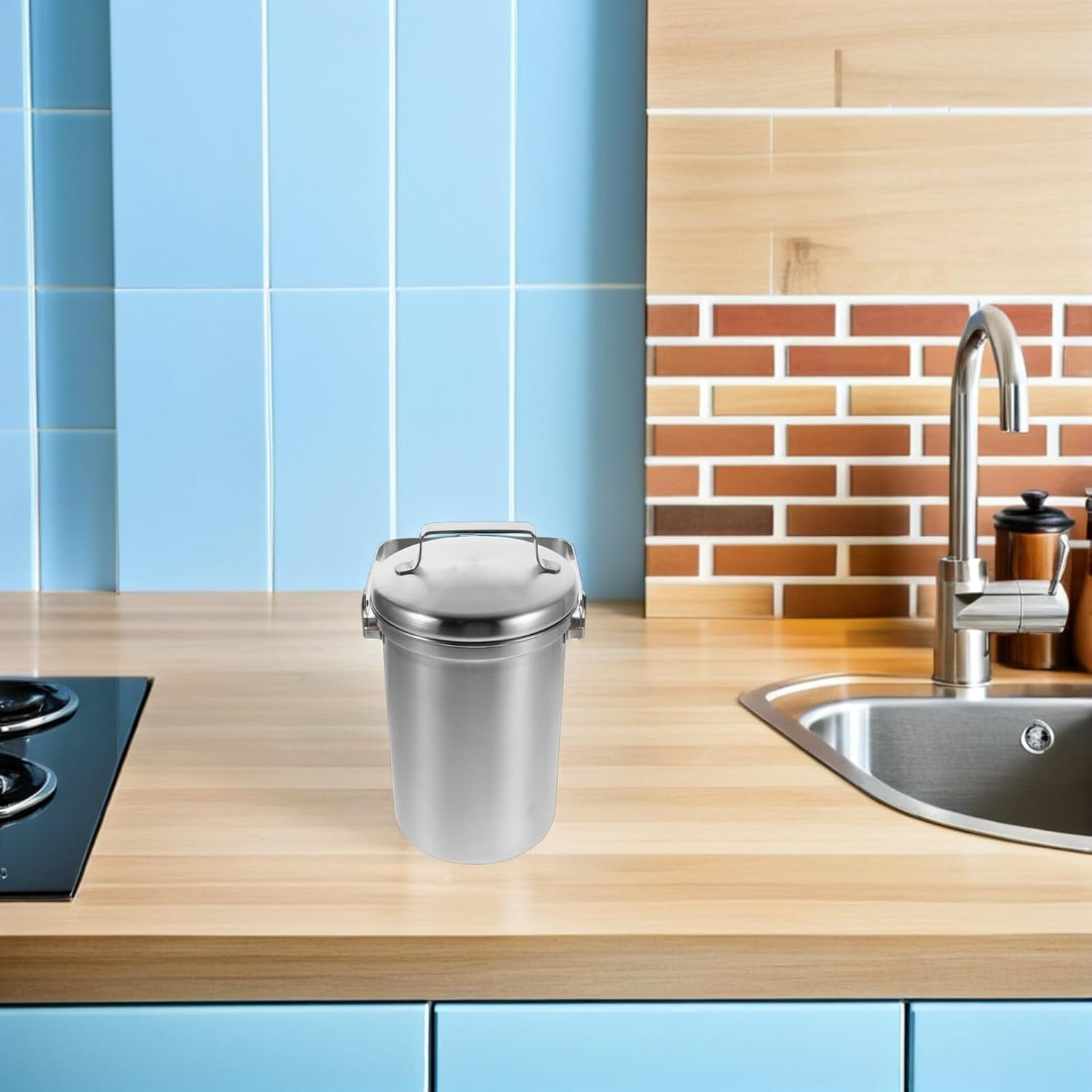Stainless Steel Kitchen Compost Bin for Countertop Indoor Food Waste Pail with Carrying Handle Compact Metal Trash Can for Efficient Home Composting and Kitchen Scrap Recycling