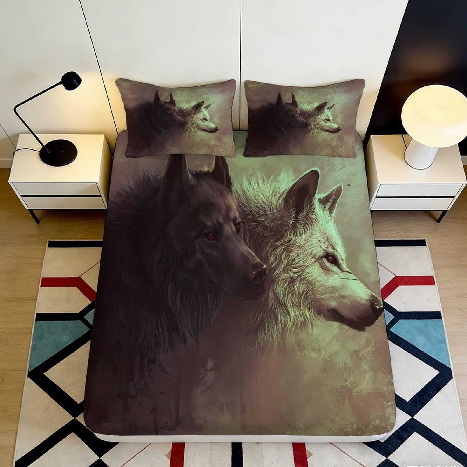 3D Printed Wolf Forest Fitted Sheet Microfiber Soft Breathable Night Howl Mattress Cover for Bedroom Decor 90x200x25cm
