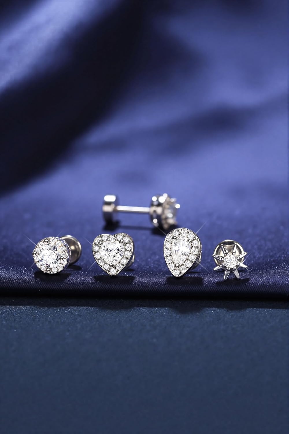 YADOCA 4 Pairs Flat Back Stud Earrings for Women Hypoallergenic 925 Sterling Silver Post Cubic Zirconia Earrings Set Halo Round Heart Square Diamond Silver Gold Studs - Image 5