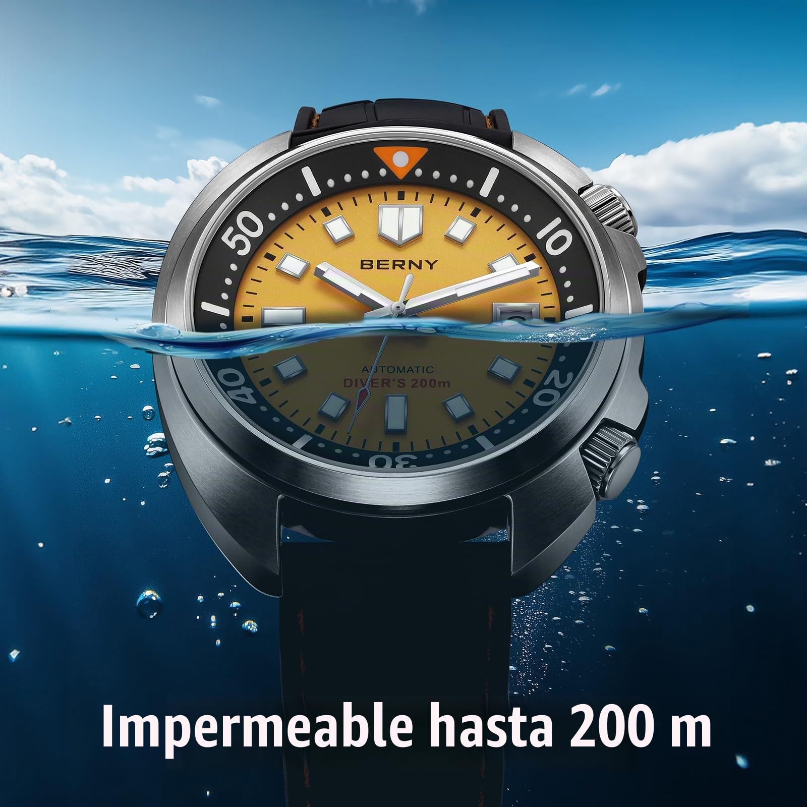 BERNY Reloj Automático para Hombres 200M Impermeable Buceo Mecánico Super Luminoso