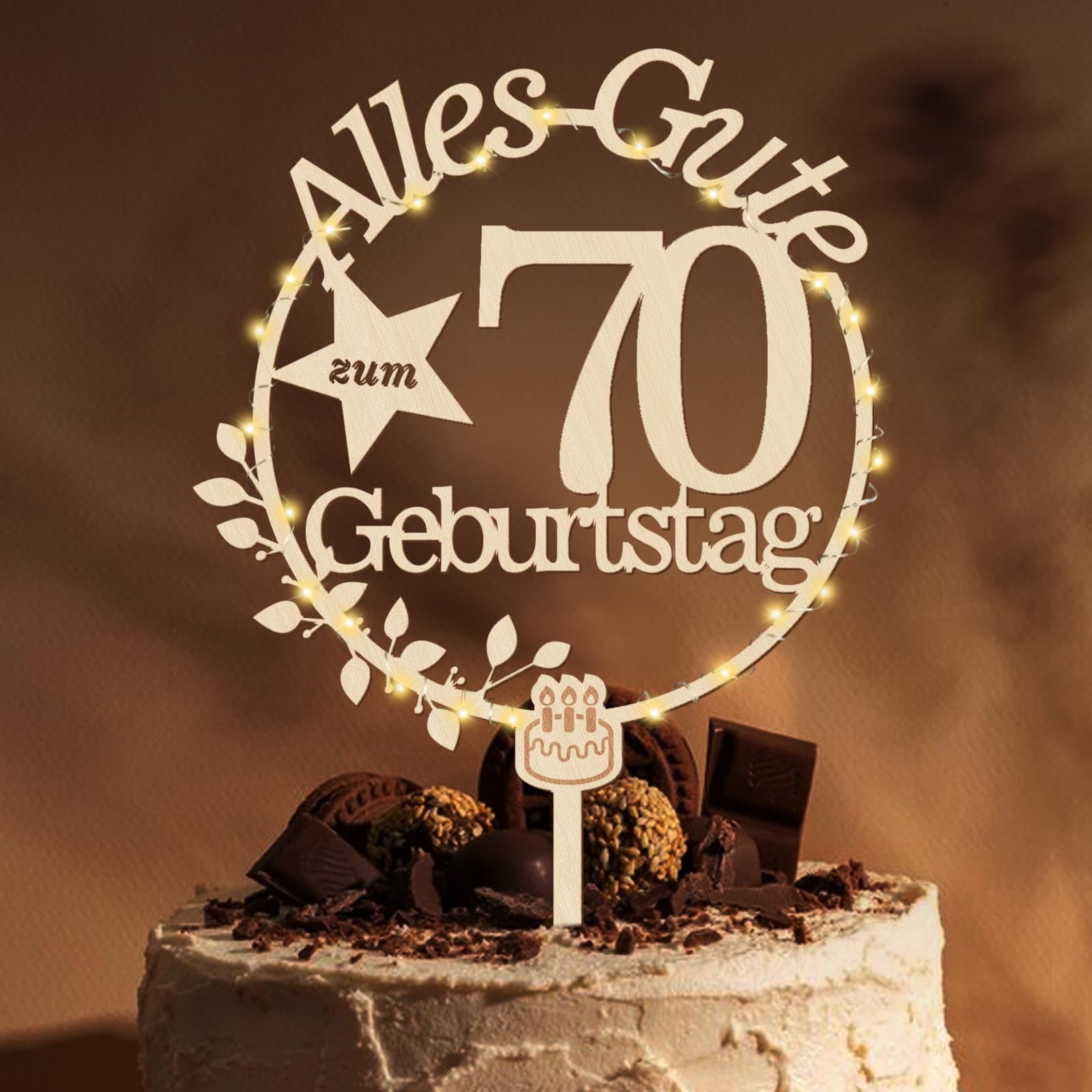 Giftota Cake Topper 70. Geburtstag Holz mit LED Lichterkette - 70. Geburtstag Deko Frauen Männer - Tortendeko 70 Geburtstagsdeko - 70 Geburtstagsdeko