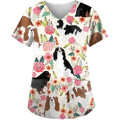 Women's Animal Printed Scrub Tops Plus Size V-Neck T Shirts Workwear Nurse Uniform Tee with Pockets
