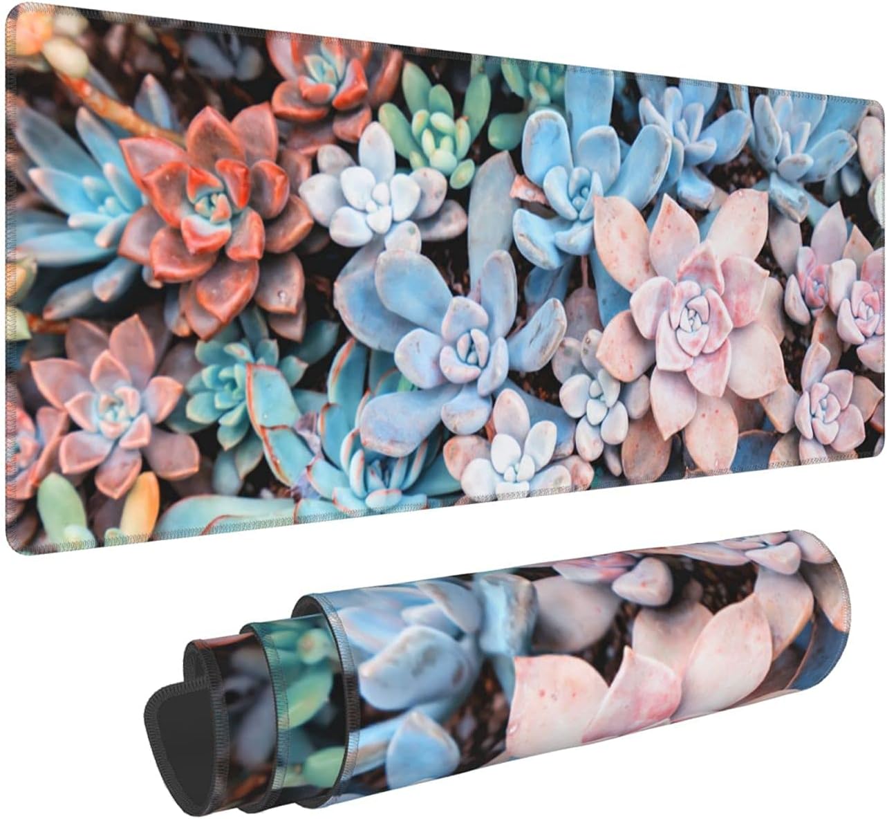 Green Cactus Succulents Plants Gaming Mouse Pad Cute Mouse Pad Large Non-Slip Rubber Mice Pads Stitched Edges for Gaming Working Studying 31.5x11.8 Inch