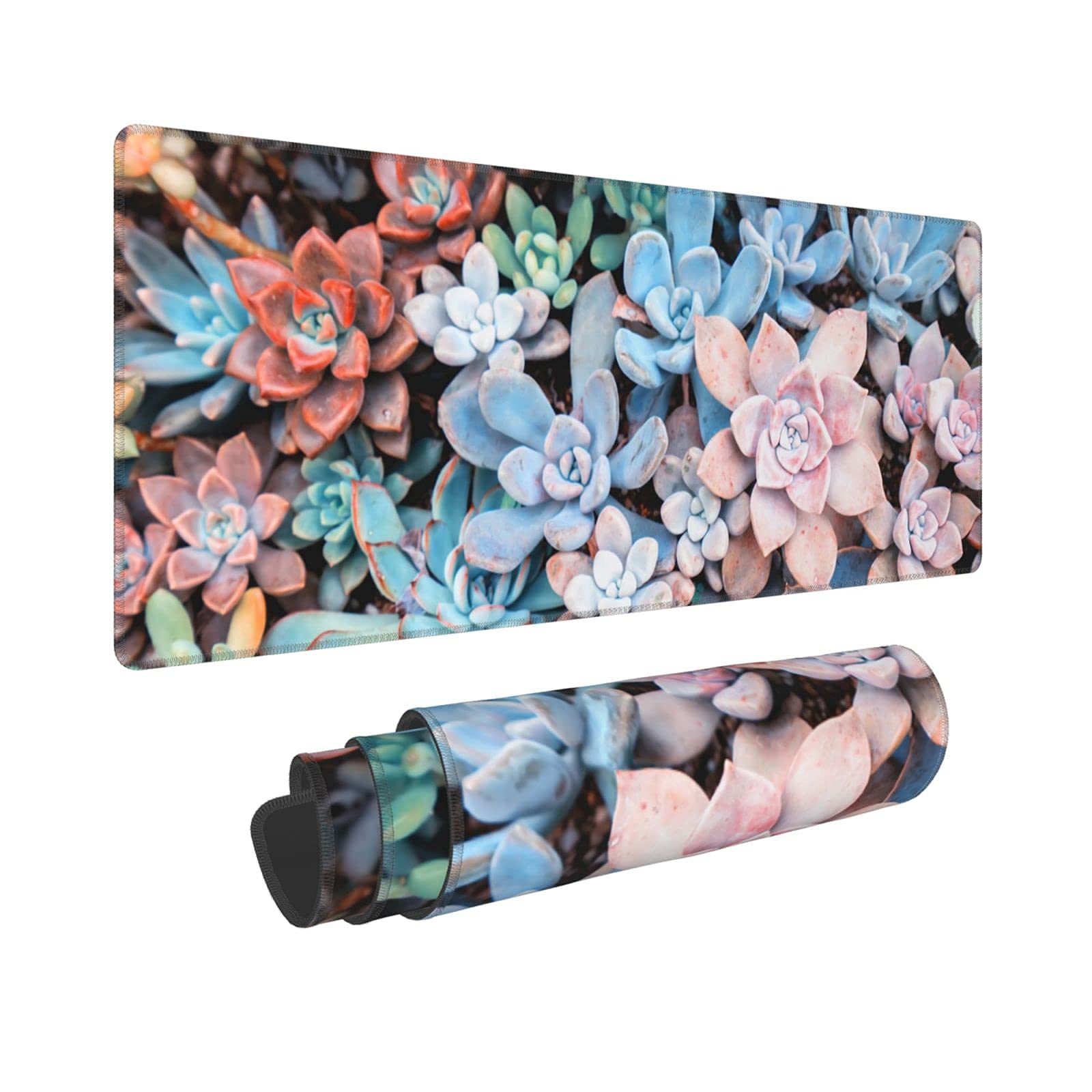 Green Cactus Succulents Plants Gaming Mouse Pad Cute Mouse Pad Large Non-Slip Rubber Mice Pads Stitched Edges for Gaming Working Studying 31.5x11.8 Inch