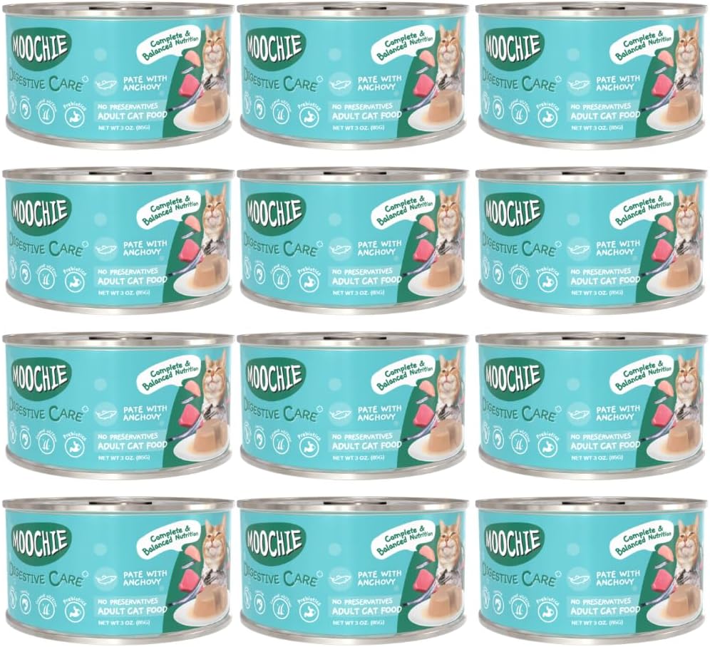 MOOCHIE Digestive Care Grain Free Wet Cat Food — Anchovy, Chicken, Tuna & Beef Liver - No Artificial Flavors or Preservatives - 12 × 3 oz cans
