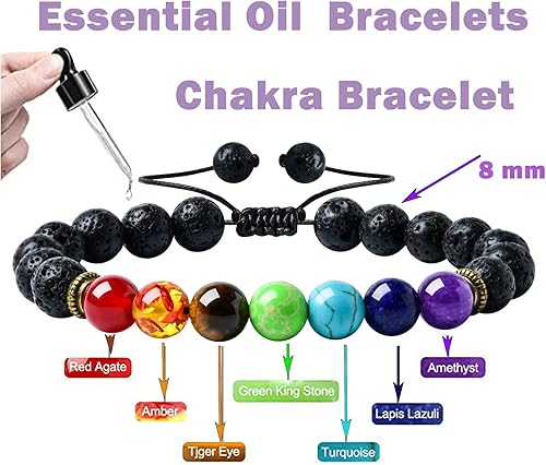 Miniatura 2 de HEDQFM 2 pulseras de chakras, piedra de lava y piedra de roca, aromaterapia, difusor de aceite esencial, pulsera ajustable tejida y pulsera de