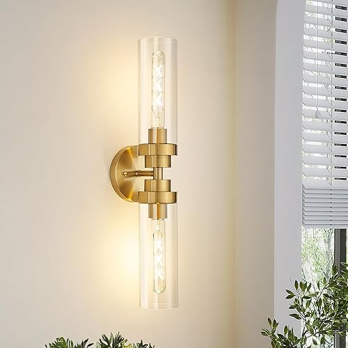 Miniatura 29 de Emak Luces de tocador negras y doradas para espejo, lámparas de baño modernas de 22 pulgadas con pantalla de vidrio transparente, aplique de pared