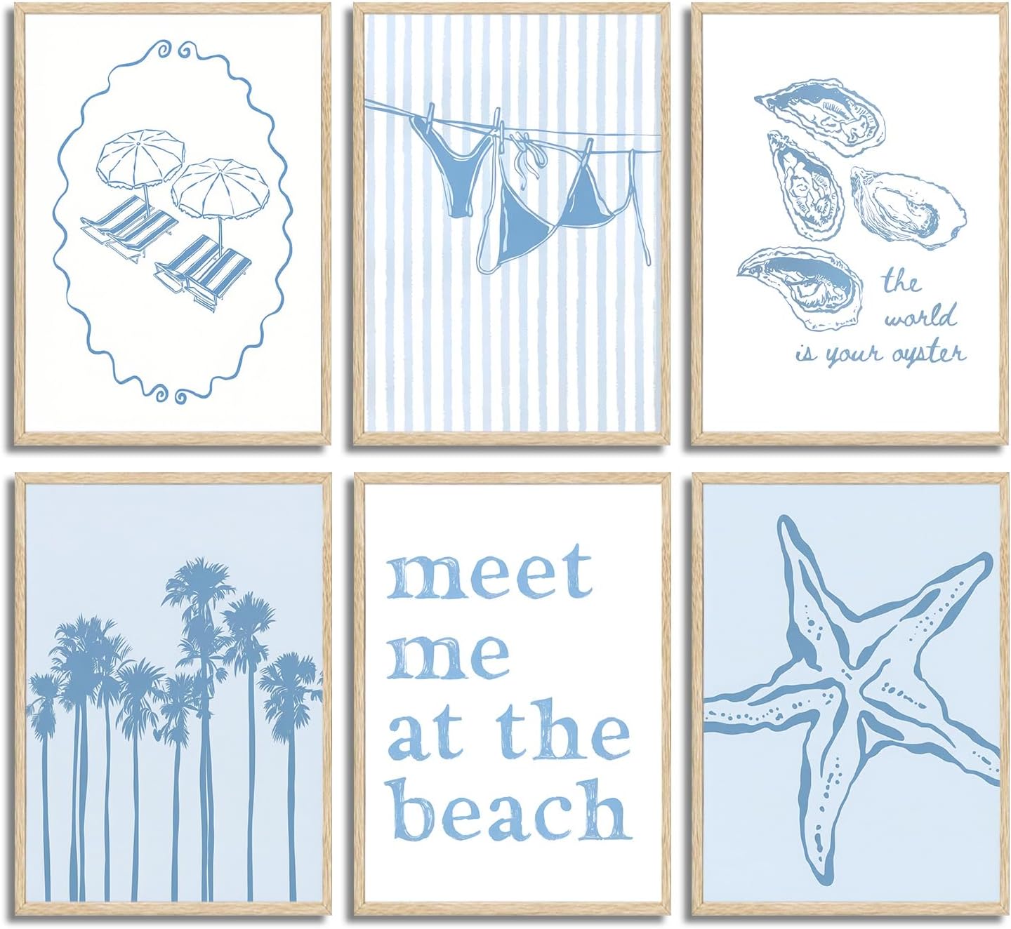 ONEOLTN 6Pcs Trendy Pastel Coastal Wall Art Blue Pink Beach Pictures Aesthetic Wall Decor Ocean Preppy Posters Surf Lighthouse Beachy Print Artwork for Teen Girl Room Dorm Apartment 12x16in Unframed