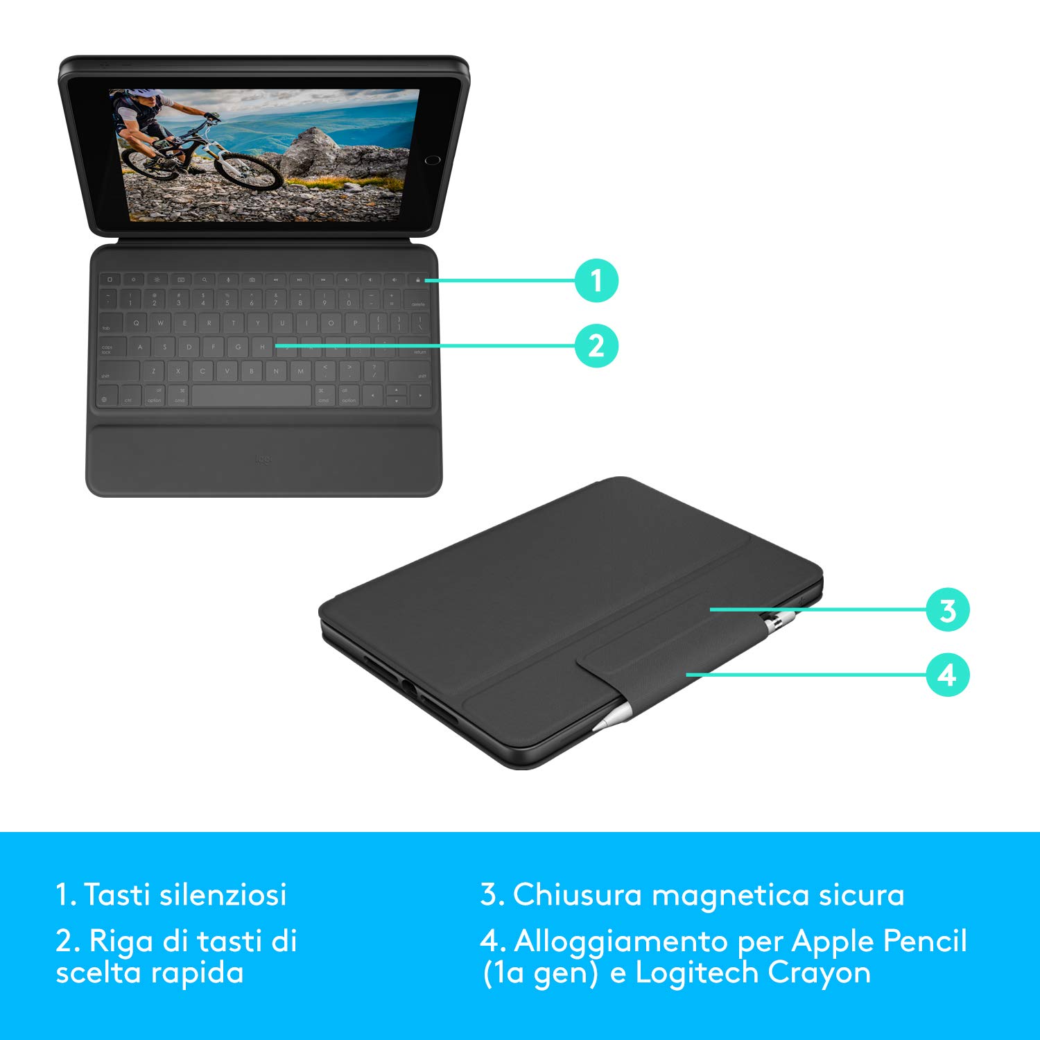 Logitech Rugged Folio per iPad (7ª, 8ª e 9ª generazione) Custodia con tastiera protettiva con Smart Connector e tastiera resistente agli schizzi, Layout Italiano QWERTY - Nero