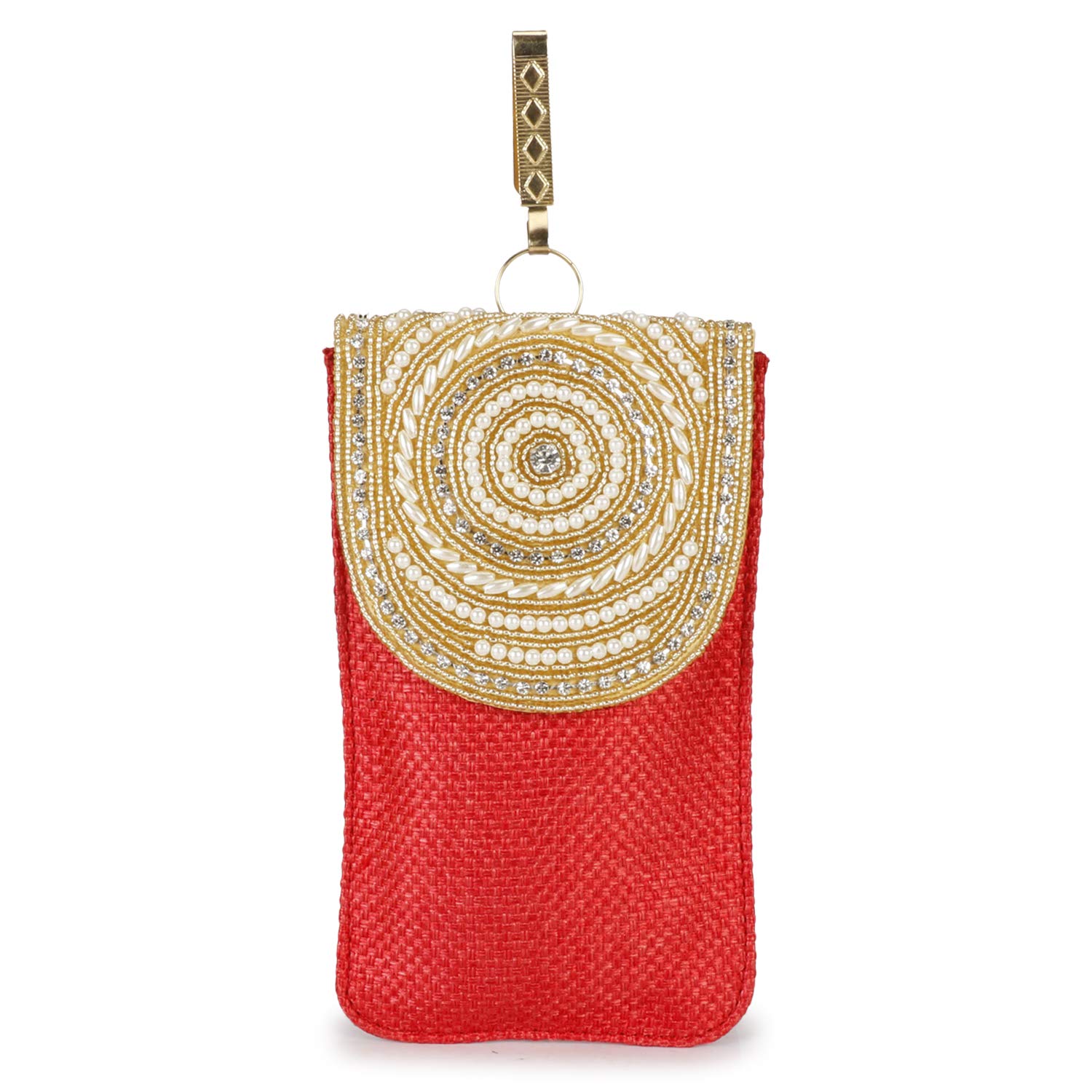 Vanya Handicraft Collection Pearl Clutch Silk Saree Clutch Mobile Pouch Waist Clip Ladies Purse Gift For Women & Girls (Red-1)-image-13