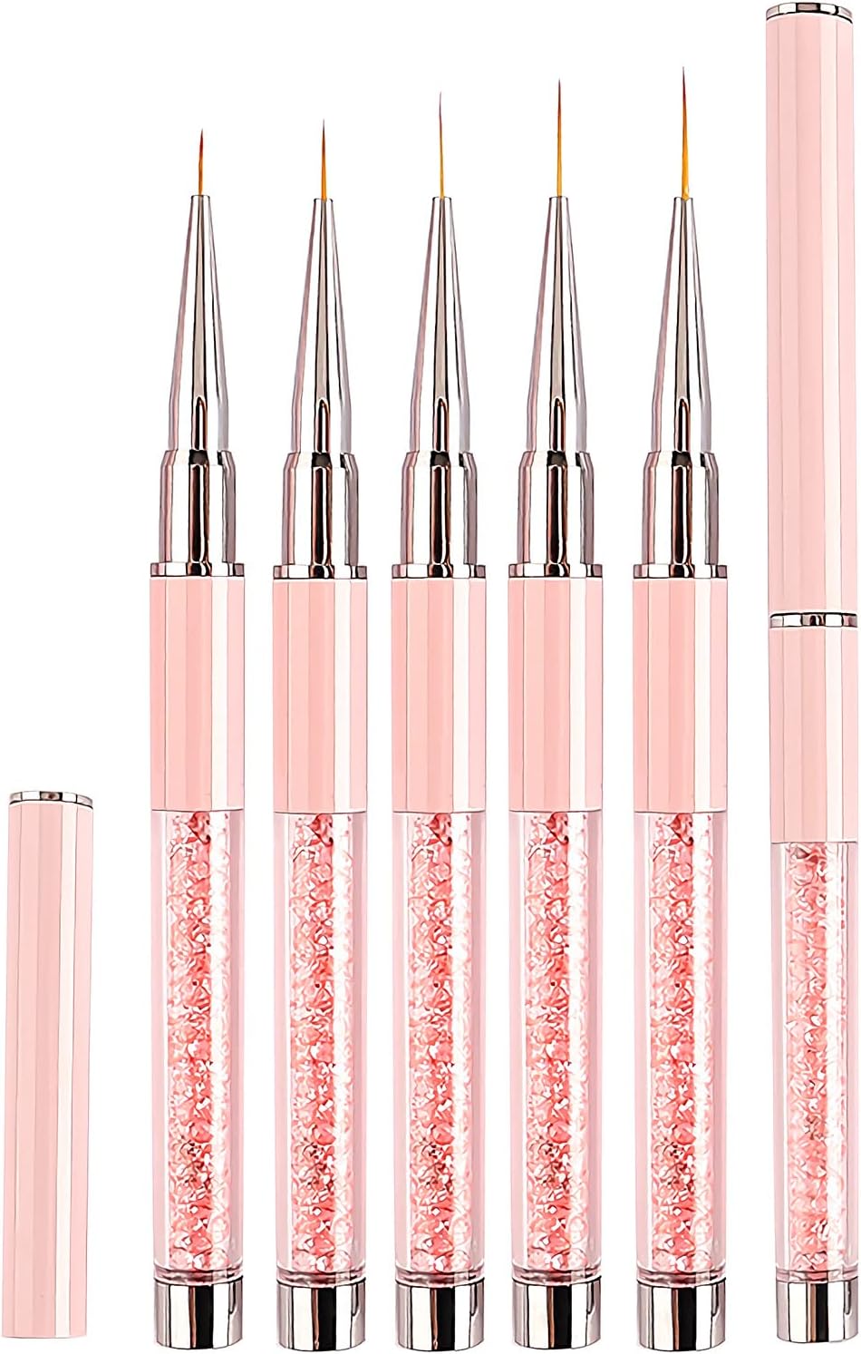 LEA-SHALL 7/9/11/13/15mm Nail Art Pen Penselen Liner Brush Set voor Gellak Gel Polish met Deksel Dop en Diamand Professional 5 STKS, Thin Dun Pennen Kit with Lid Fijne Borstel Tools