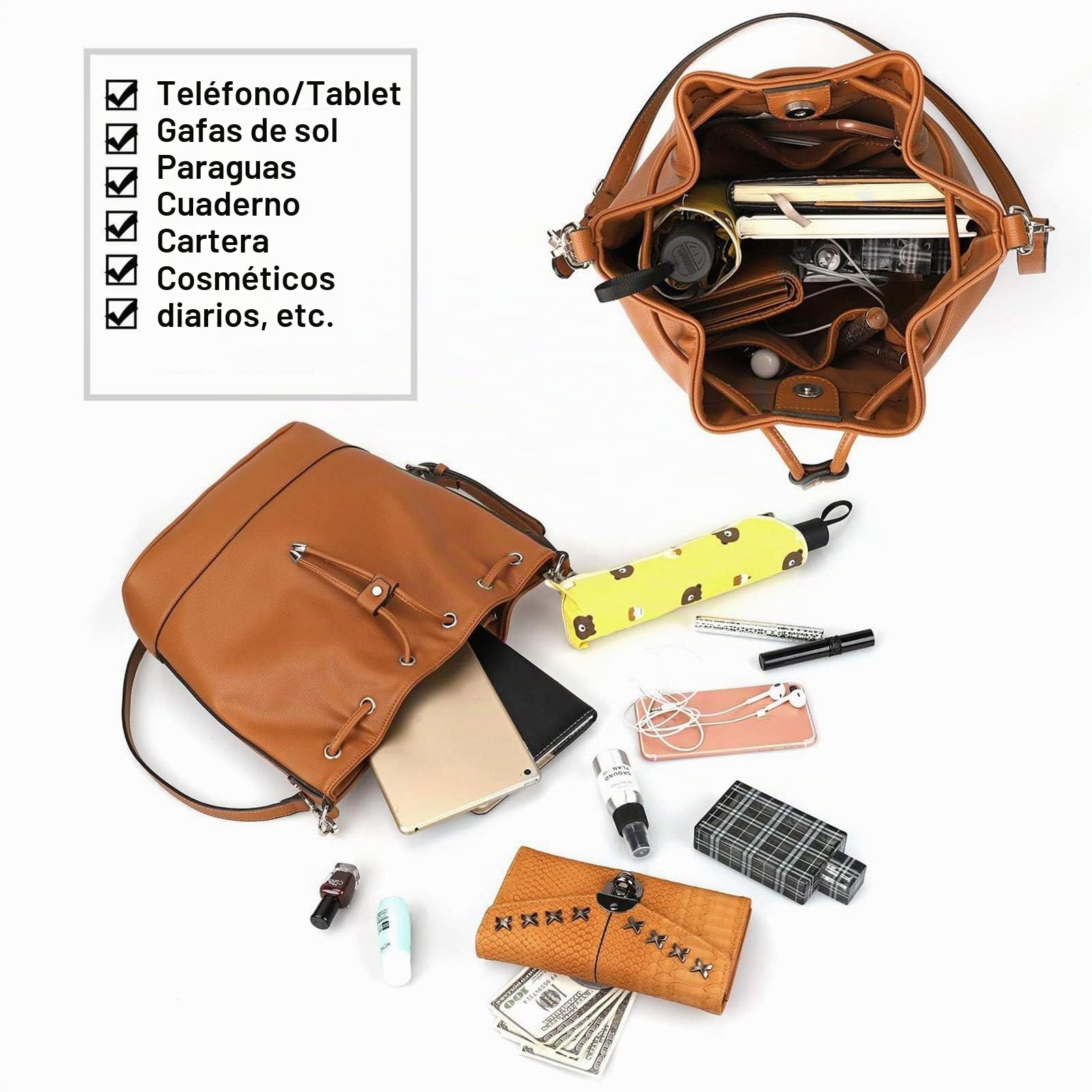 AFKOMST Beuteltasche Damen,Leicht Schultertasche Damen Gross und Sanft Handtasche mit 2 Schulterriemen…, Marrón, Marrón