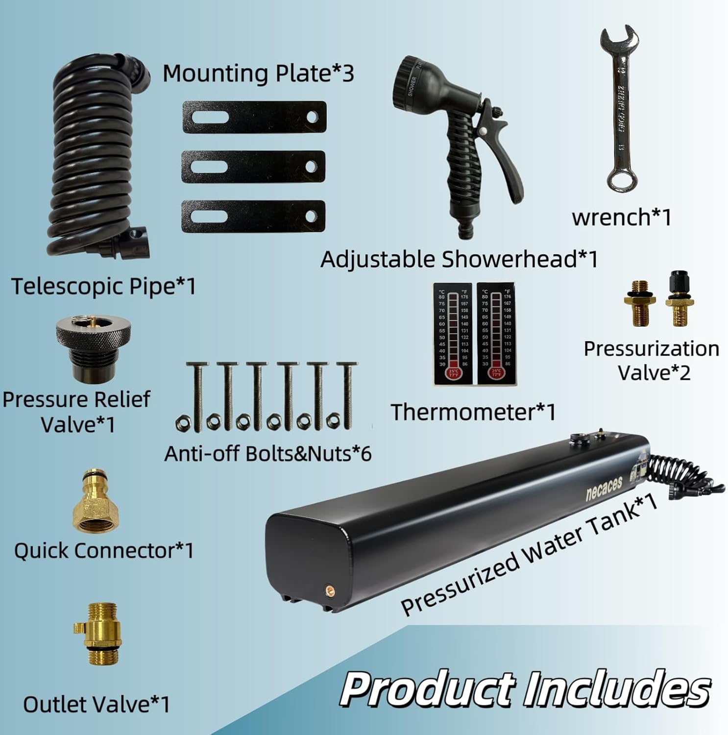 4.5-9 Gallon Pressurized Water Tank,Portable Aluminum Camping Shower Water Storage with Spray Hose for Overland Off-Road Vehicles, Pick-up Trucks,Outdoor Activities Water Supply.