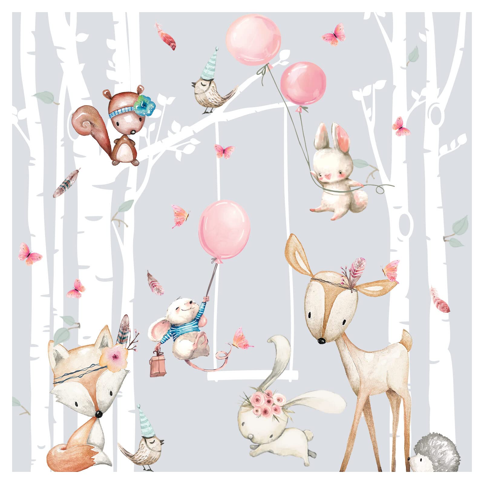 Grandora Wandtattoo Wandsticker Kinderzimmer Tiere Wald Birkenstämme Wandaufkleber Wanddeko Babyzimmer Spielzimmer Wandbild Kinder Mädchenzimmer Aufkleber DL759-4