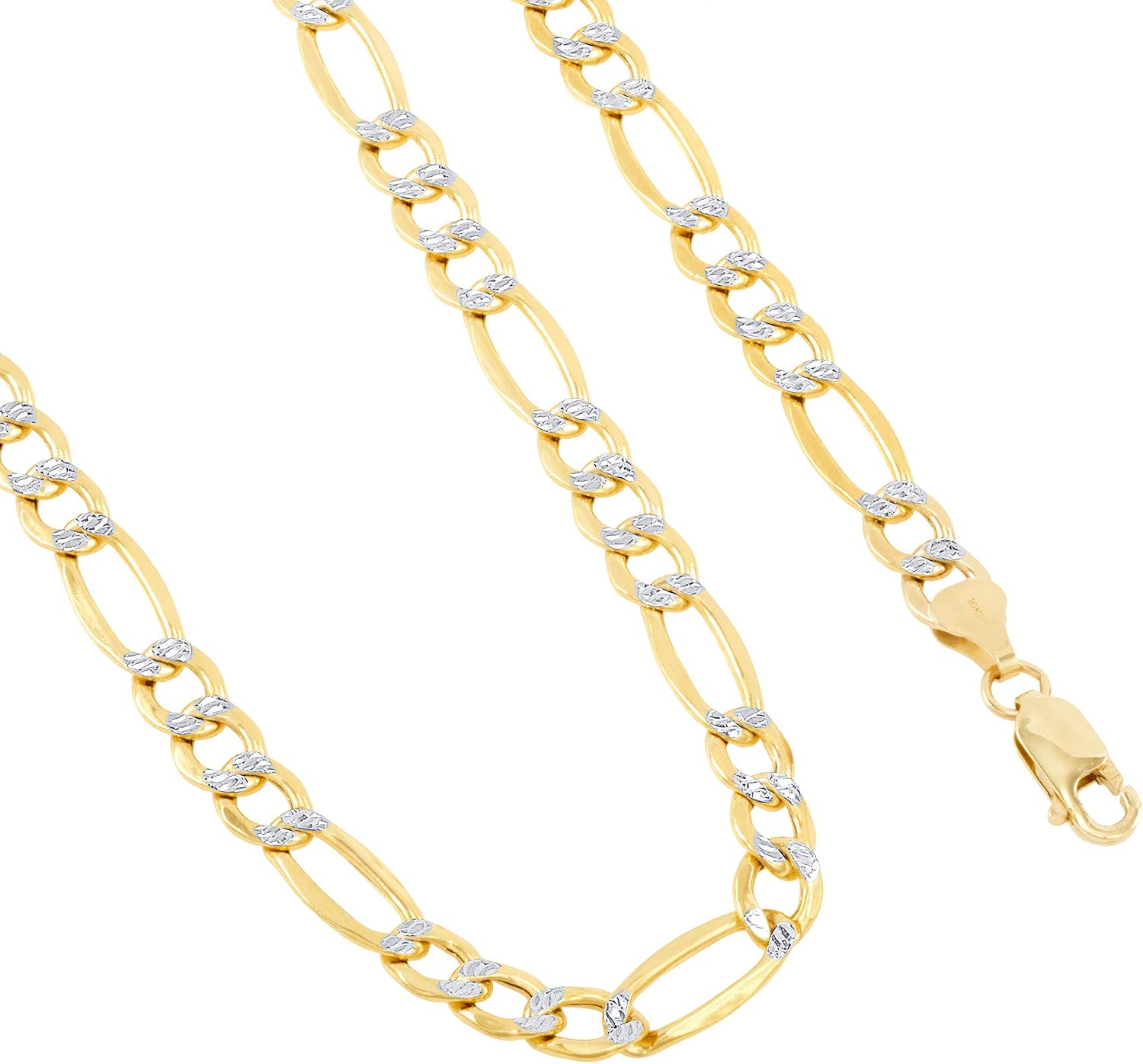 Nuragold 10k Real Yellow Gold Figaro Link 6.5mm Diamond Cut Two Tone Pave Chain Necklace (18"-30") Italian Jewelry for Men