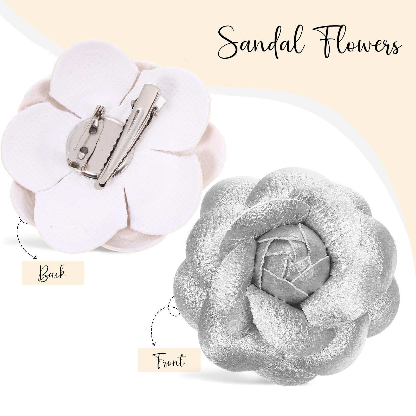 VALICLUD 2PCS Silver Leather Rose Flower Shoe Clips with 6.5cm Duckbill Brooch Pins Satin Fabric Shoe Jewelry Clips for Heels and Flats Removable Floral Footwear Charms — view 7