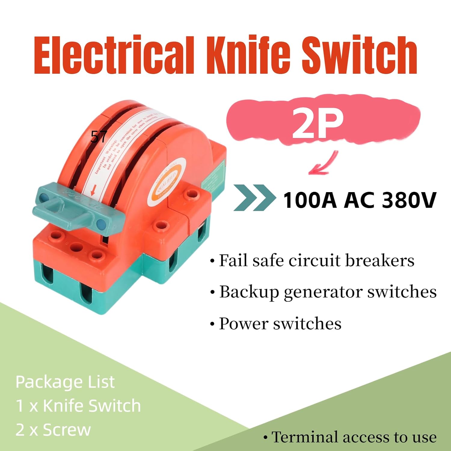 Double Throw Knife Switch 100A Rating ABS Material for Home Electrical Appliances 2 Pole Toggle Switch