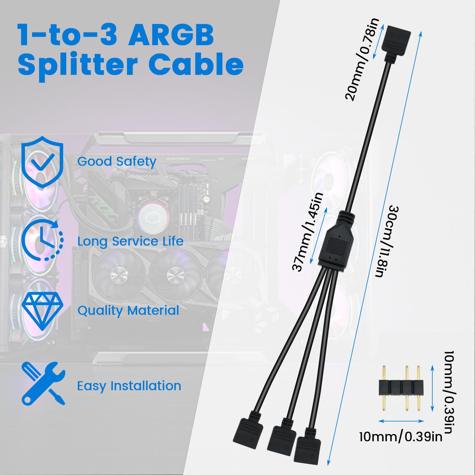 3 Stück 1-auf-3 ARGB-Splitterkabel, 5 V, 3-polig, adressierbares RGB-Splitter-Verlängerungskabel mit Steckern für Computergehäuse, CPU-Kühler und 5-V-Argb-Lüfter