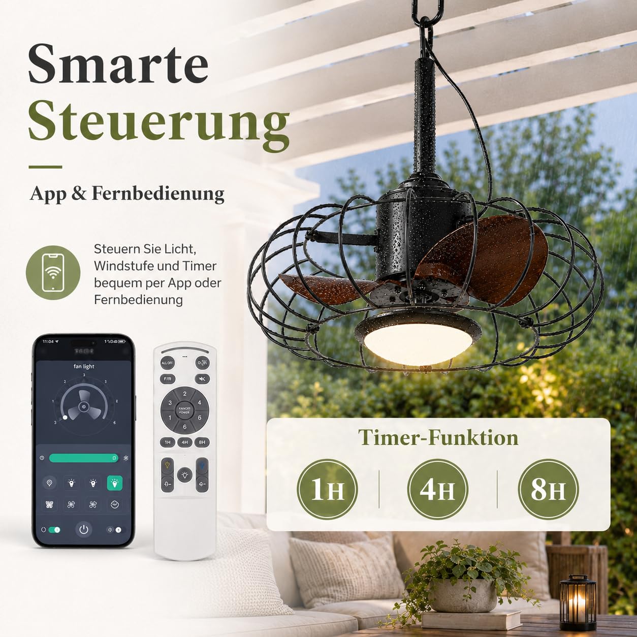 Outdoor Deckenventilator mit Beleuchtung & IP65 Wasserdicht, Fernbedienung | Deckenventilator mit Licht, Timer, Dimmbar 6 Geschwindigkeiten mit App-Steuerung, Perfekt für Pavillon, Terrasse & Veranda