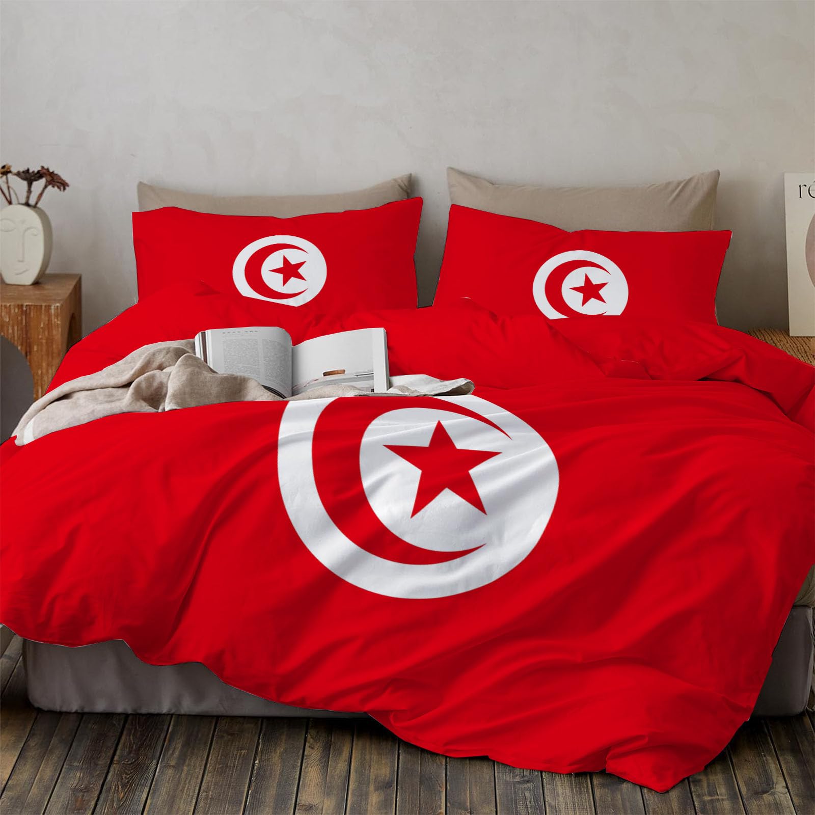 Housse de couette Tunisie 240x260 cm avec 2 taies d'oreiller rouges et blanches