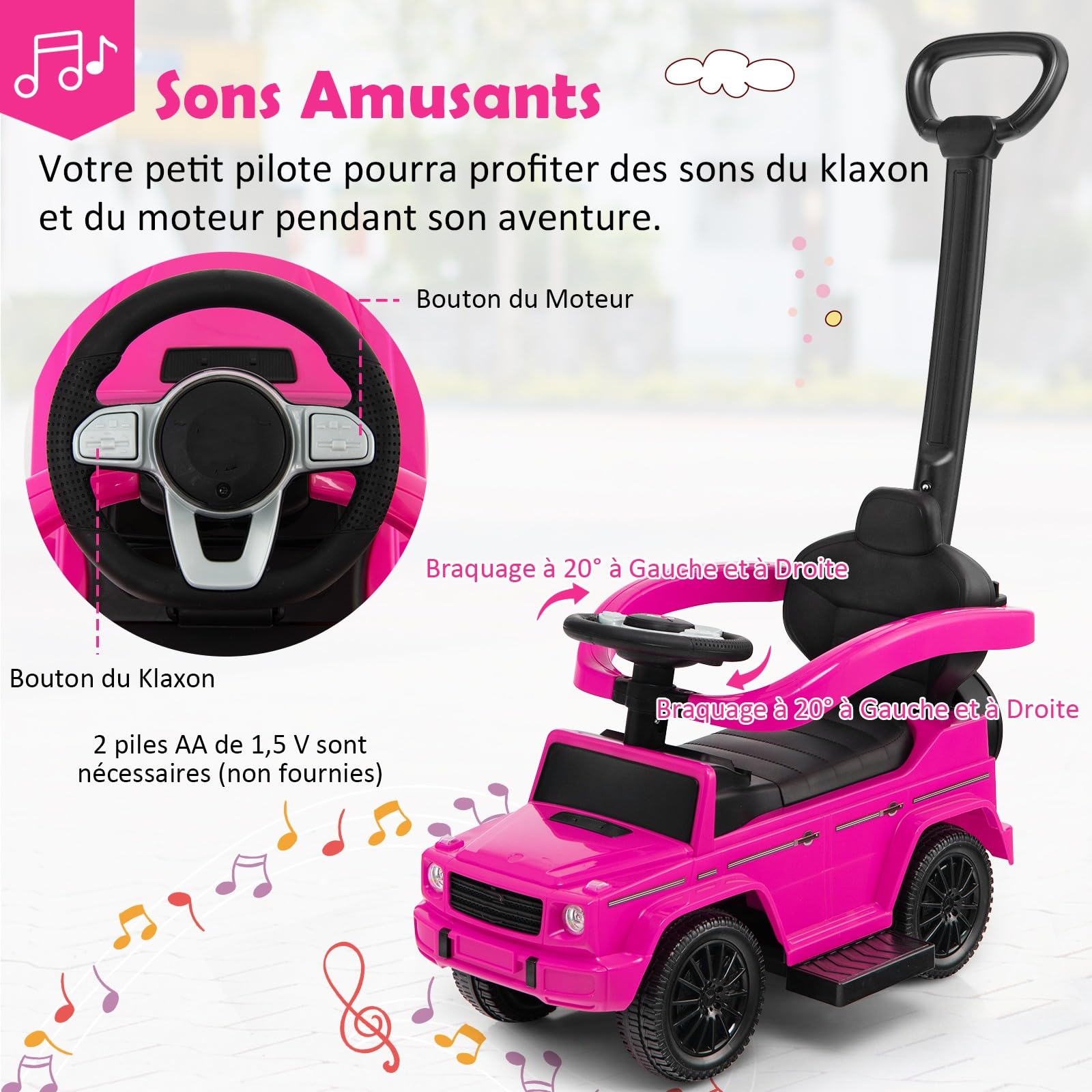 COSTWAY 3 en 1 Mercedes-Benz Porteur Enfant avec Poignée Détachable & Auvent Amovible, Voiture à Pousser Bébé avec Volant & Klaxon, Espace Caché & Repose-Pieds, Charge 25kg pour 1-3 Ans (Rose)