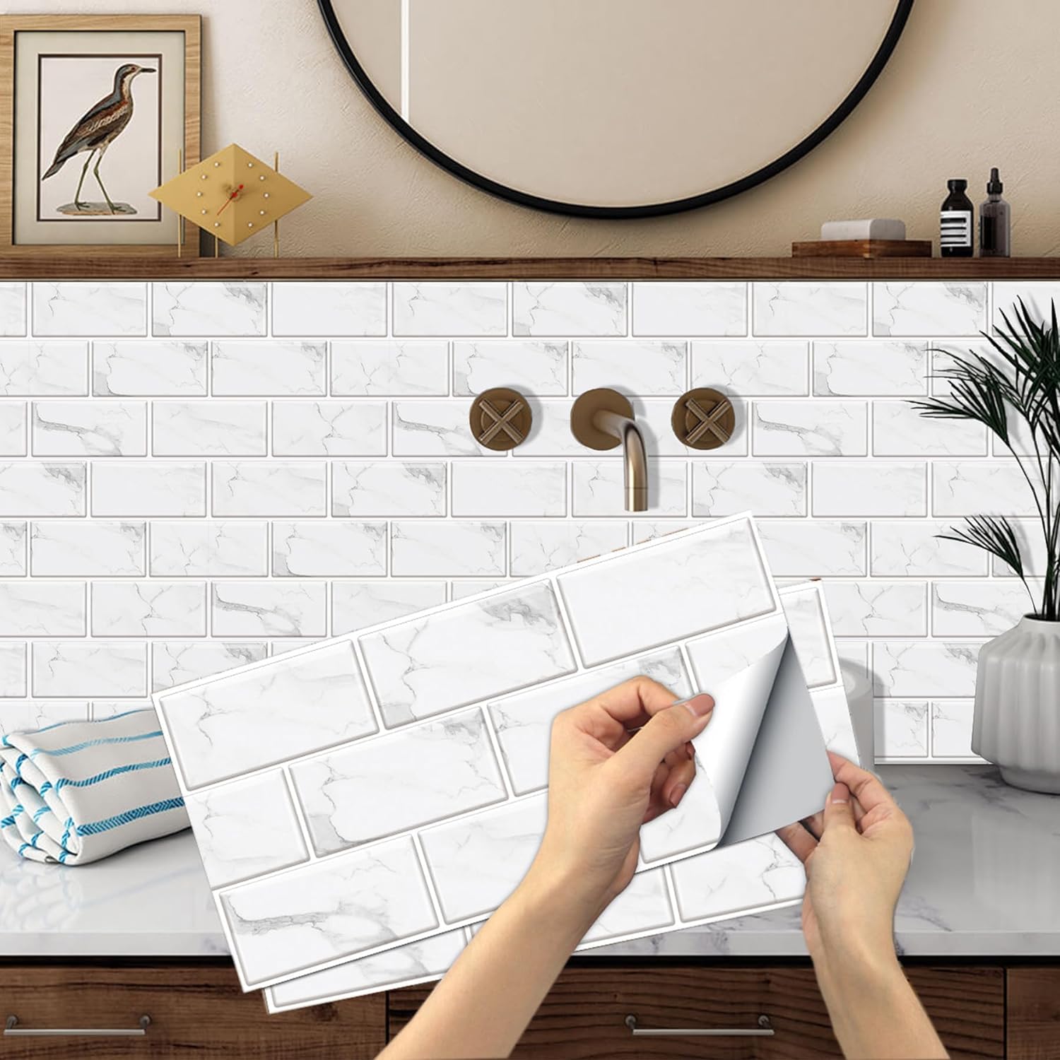 6-Sheet White Marble Peel and Stick Tile,6"x12" Waterproof PVC Peel and Stick Backsplash,Self Adhesive Tile Sticker for Kitchen Bathroom
