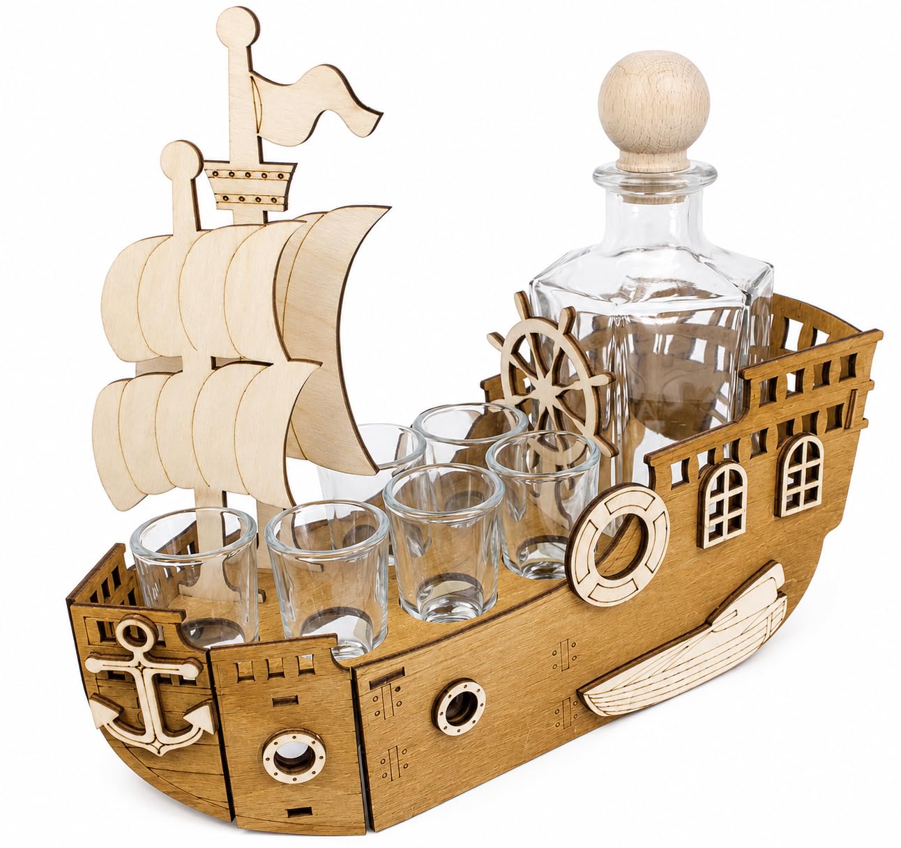 Schiff mit Karaffe & 6 Gläsern – Geschenk für Männer | Piraten-Deko aus Holz | Barzubehör für Schnaps, Wodka, Whisky | Vatertag, Geburtstag, Papa