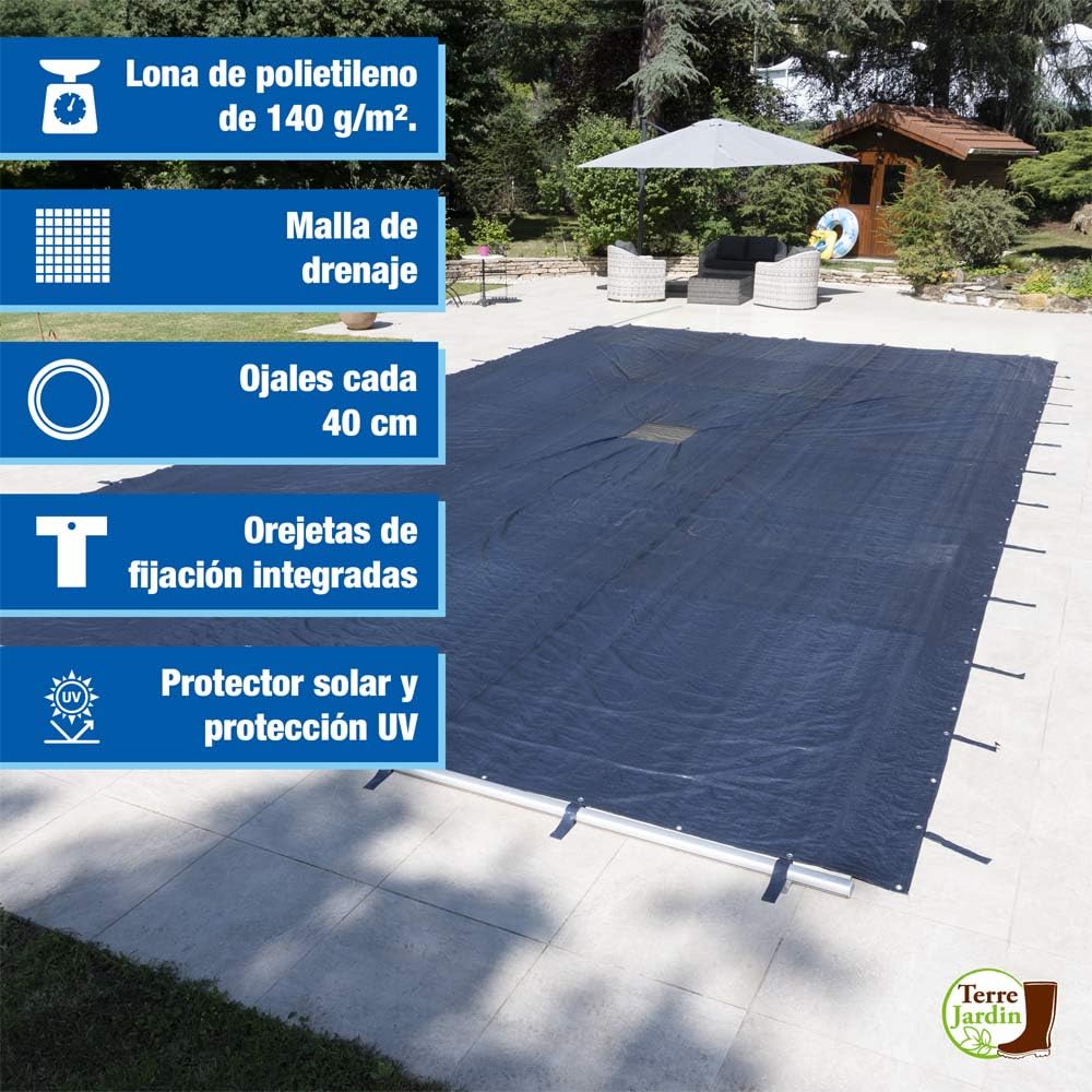 TERRE JARDIN - Cubierta de Invierno para Piscinas 8,5 x 4,5 m - Cubierta Rectangular para Piscinas 8 x 4 m - Cubierta Resistente 140 g/m², Polietileno - Ojales de Aluminio más Patas de fijación