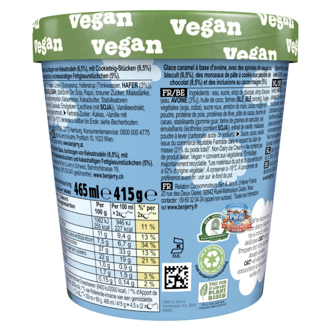 PUFAI Bundle – Ben & Jerry's Cookies Eiscreme Vegan 465 ml x 4er | Pflanzliches Dessert | Keksstücke | Cremige Textur | Tiefkühlprodukt für Snack & Servieren