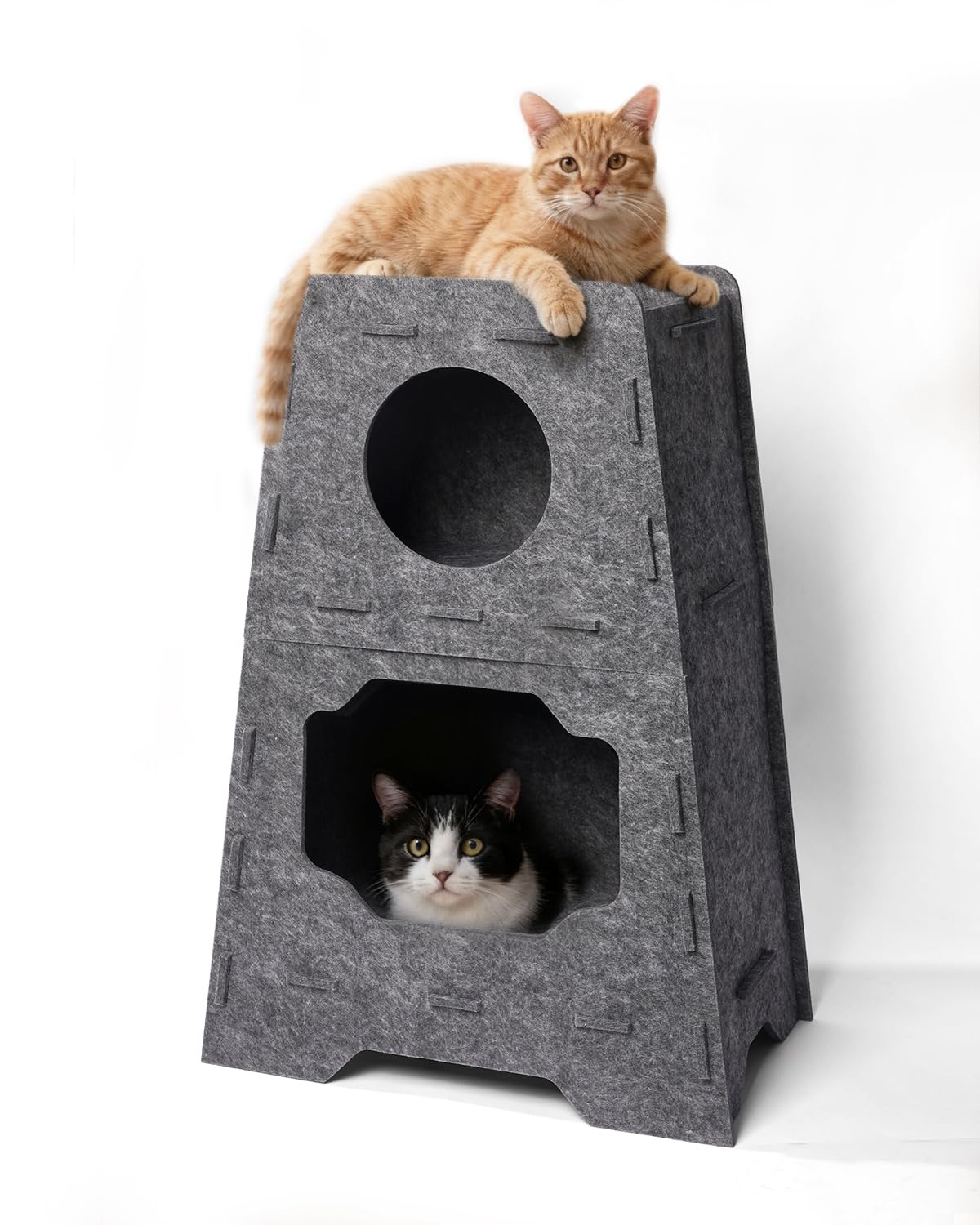 Pawtasy Katzenhöhle Filz Katzenhaus aus Filz für große Katzen, Katzen Höhle 3-Ebenen, Trapezform Stabiles Katzenbett Höhle, Filzhöhle Indoor Aussichtsplattform & Versteck, 50 x 31 x 73 cm, Grau