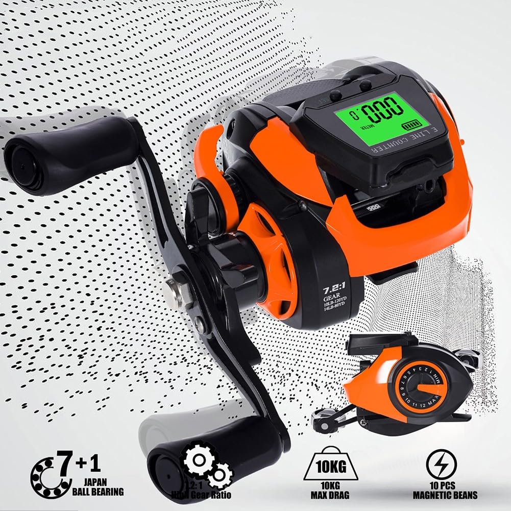DAZZLEEX Moulinet de pêche numérique Baitcasting Main Gauche Main Droite en Option avec Position de Profondeur d'alarme de Morsure avec Bobine de Rechange (Main Droite Orange)