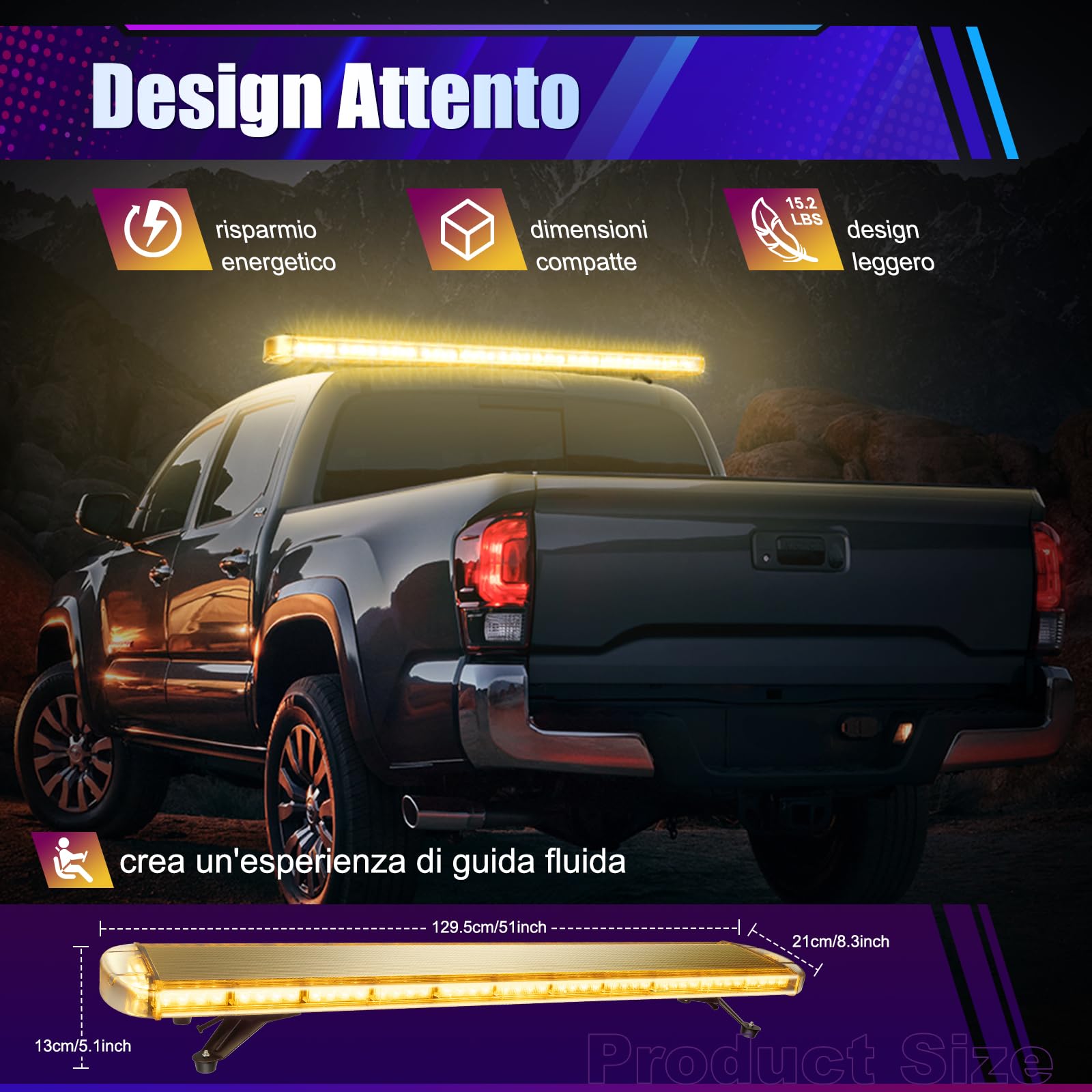 Barra luminosa LED 130 cm, 96 LED, 3000 K, indicatore di direzione, emergenza, spazzaneve, striscia IP65 3,8 m