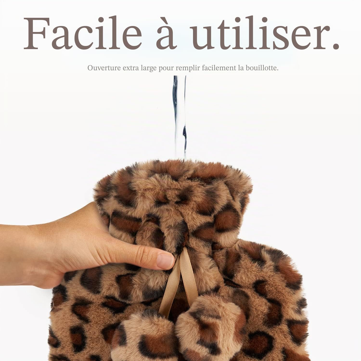 Bouillotte – ​avec housse en polaire douce haut de gamme ​+ ​pompons – ​Léopard marron, 2 ​L – ​Coussin chauffant pour les crampes menstruelles – ​Compresse chaude et froide