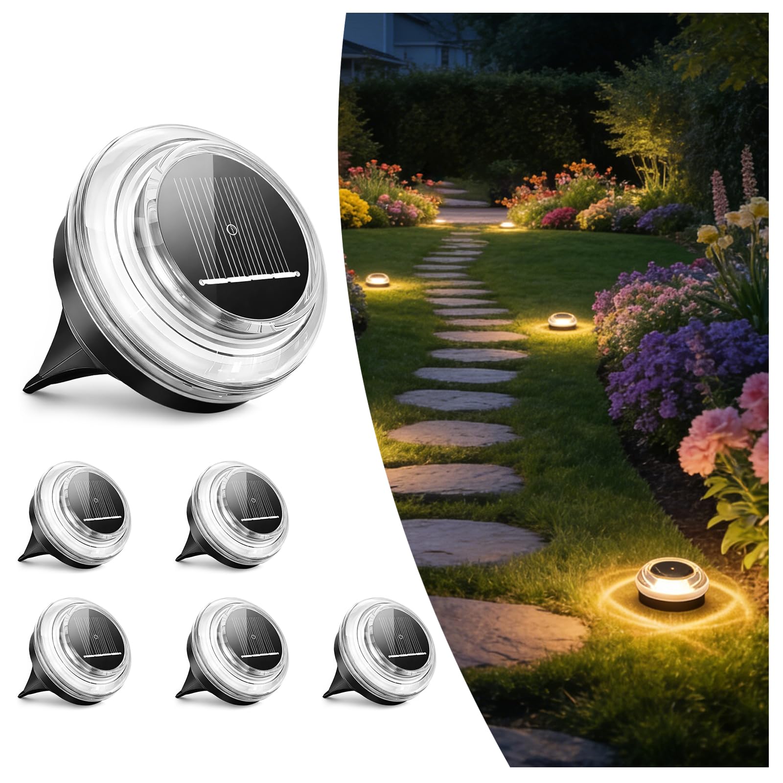 Liyade Solar Bodenleuchten Aussen Garten, 6 Stück 4 LED Solarleuchten Garten IP65 Wasserdicht, Warmweiße Solarlampen Landschaftsbeleuchtung für Terrasse, Rasen, Gehweg, Auffahrt, Balkon, Garten