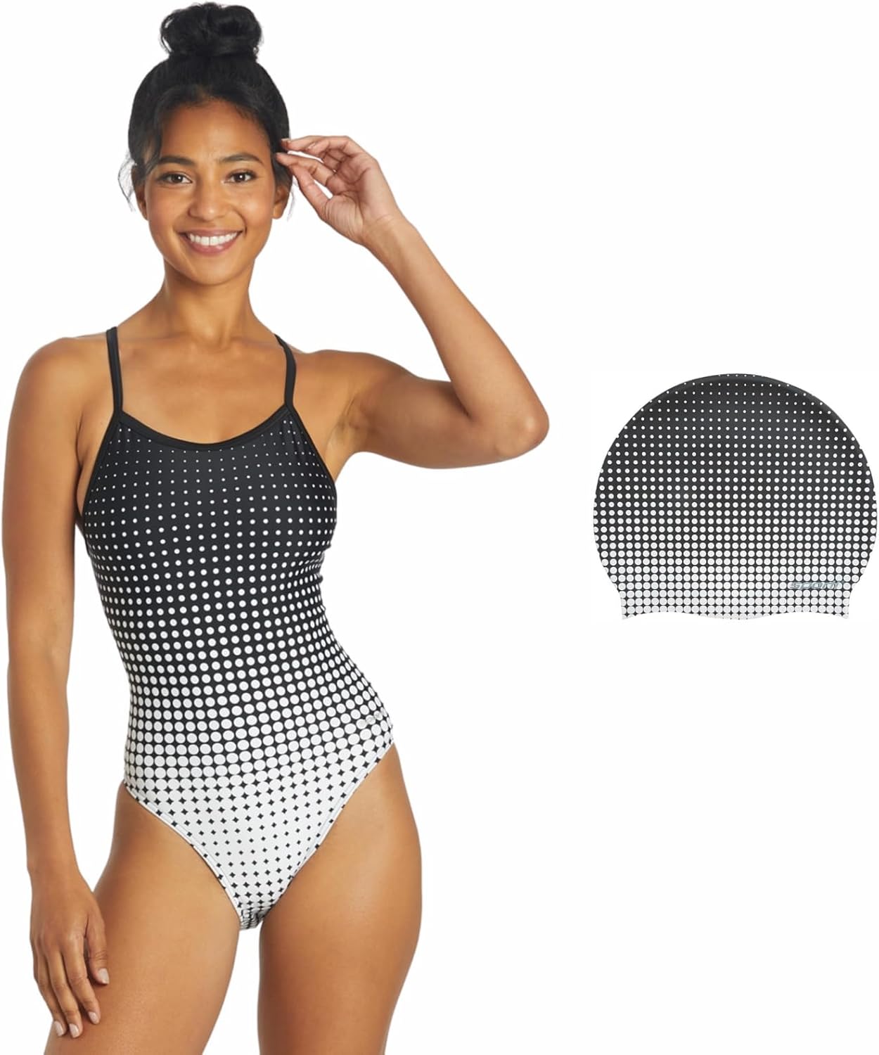 Sporti Molecule Pro Performance Swim Set: Sleek One-Piece & Matching Cap (Black/White - 30)