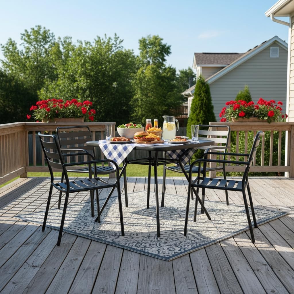 Tangkula 32-Inch Square Patio Dining Table for 4, Outdoor Bistro Table with Umbrella Hole, DPC Tabletop & Heavy-Duty Metal Frame, 4-Person Outside Table for Backyard, Porch, Poolside, Deck