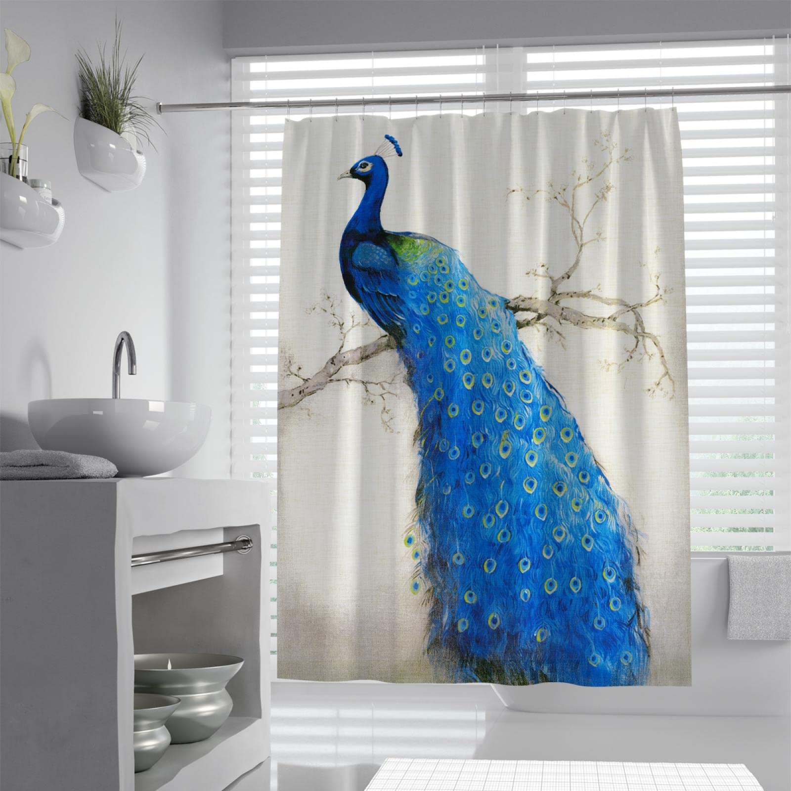 Cortina de Ducha de Pavo Real Azul Decoración de Cortina de baño Familiar Tela Impermeable Cortina de baño húmeda y Seca separada con Ganchos W220xL200cm