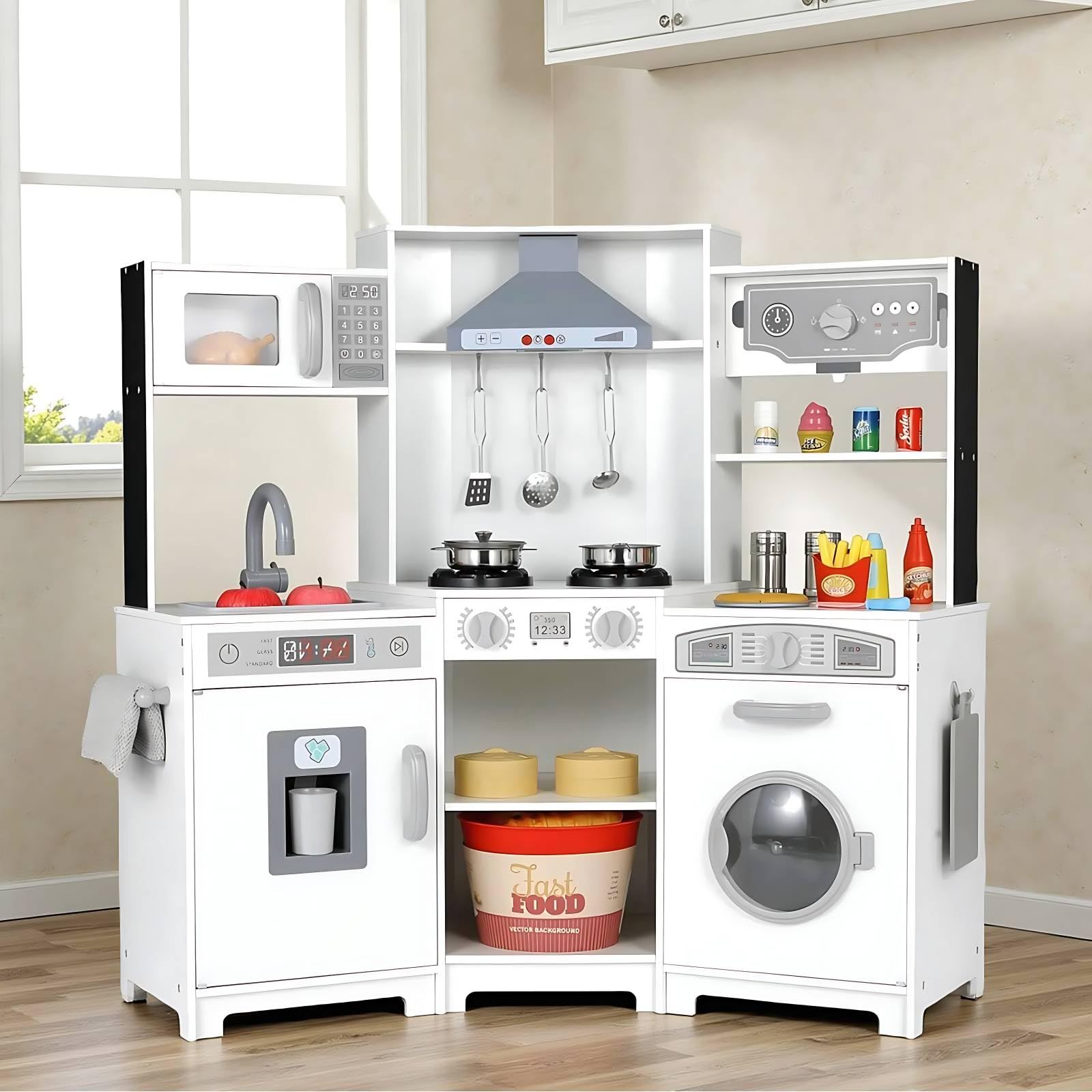 Amazon.com: Arlopu Corner Kids Play Kitchen, Range Hood w/Light