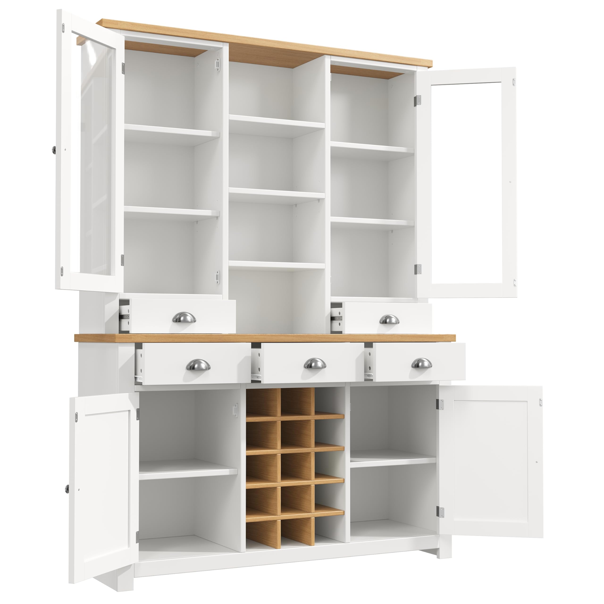 SUKY Armario alto multiusos para el hogar con protección antivuelco, armario de pie para cocina y salón con puerta de cristal, asas de metal y función de cierre suave, estante para vino extraíble, 120