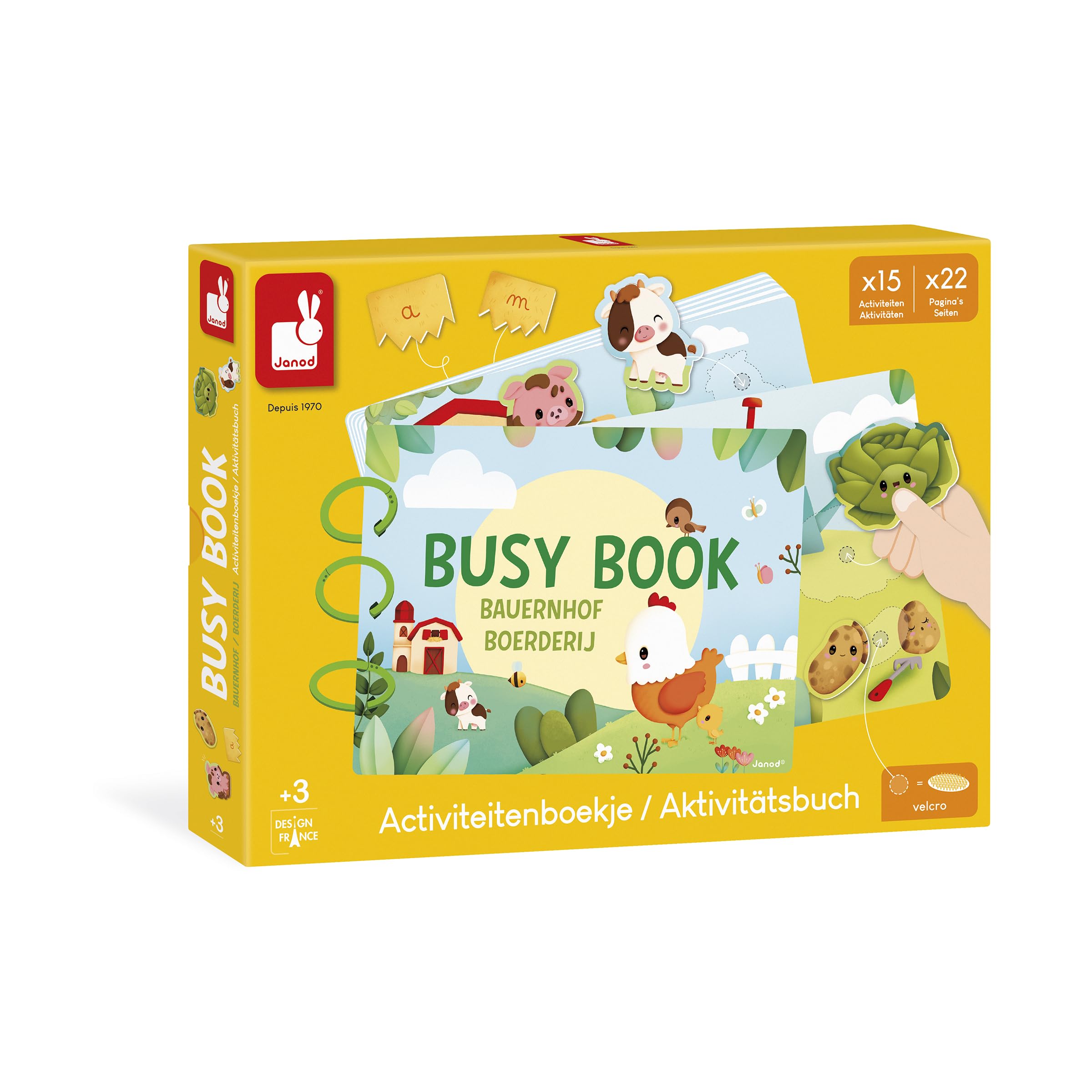 Janod Tema Fattoria del Libro impegnato, Tedesco/Olandese, 18 Pagine di attività per Neonati e Bambini, Giocattolo educativo per l'asilo, per Imparare Numeri, Alfabeto, Animali, a Partire dai 3 Anni