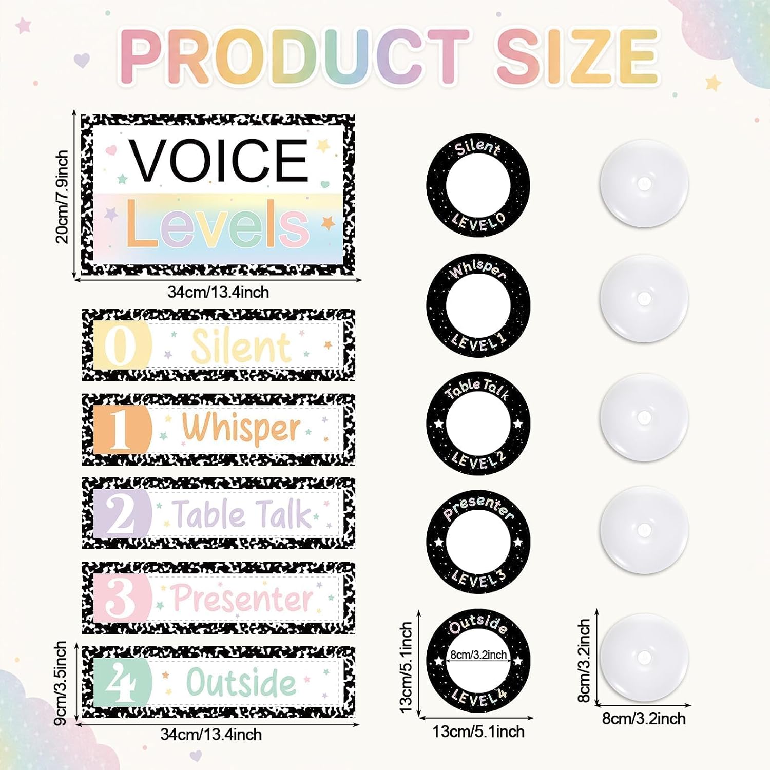 16Pcs Push Light and Magnetic Voice Level Chart Composition Notebook Classroom Decorations LED Button Light Voice Level Chart Poster Magnetic Noise Levels Management Tool for Back to School Supplies image 2