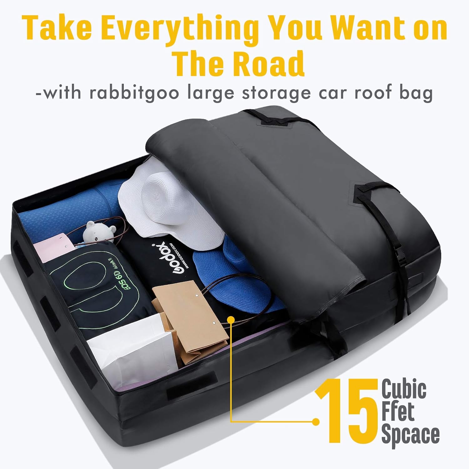 rabbitgoo Rooftop Cargo Carrier Waterproof Car Roof Top Cargo Bag with Heavy Duty Straps, Soft Shell Luggage Storage Bag for Vehicles with/Without Roof Racks, Large Capacity 15 Cubic Feet : Automotive