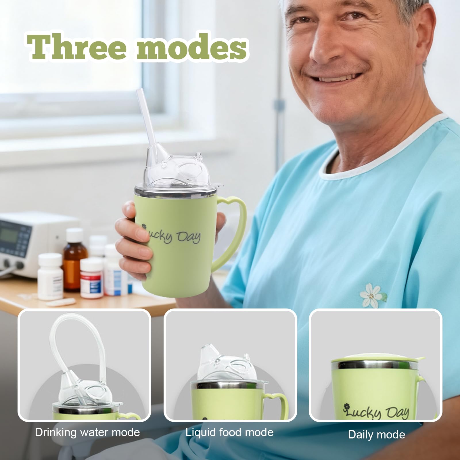 BAIFULAI Taza con pico para personas mayores, 350 ml, vaso 3 en 1 con paja de 30 cm, a prueba de fugas, con mango, para personas mayores y embarazadas
