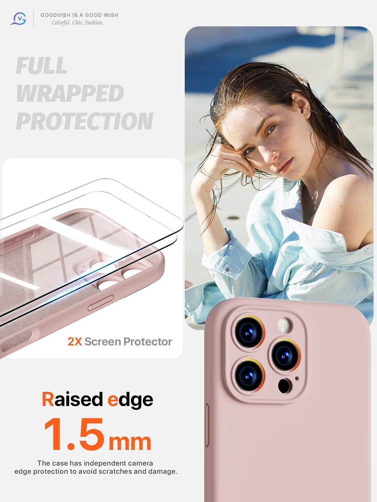 GOODVISH 3 in 1 Silicone Cover per iPhone 16 Pro 6.3", Custodia con 2 Pellicola Vetro Temperato [Protezione Fotocamera] 360° Protezione Anticaduta Case per Cellulare Antiurto Resistente, Rosa Sabbia