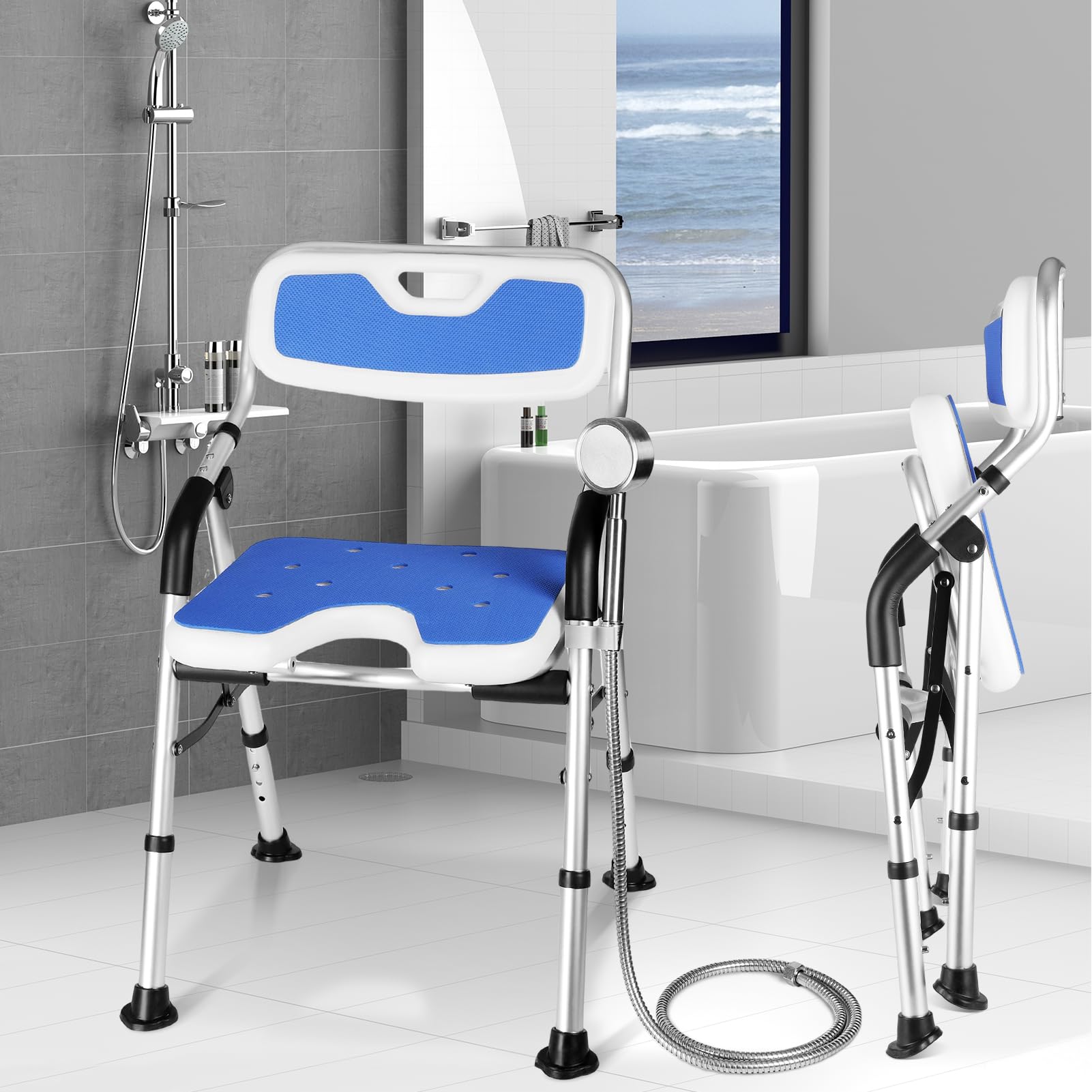 DEWEL Silla Ducha Personas Mayores Plegable, Silla para Ducha(Azul) | Altura Regulable, Asiento de Ducha Antideslizante con Soporte para Ducha de Ducha, Capacidad de Carga de 150 Kg