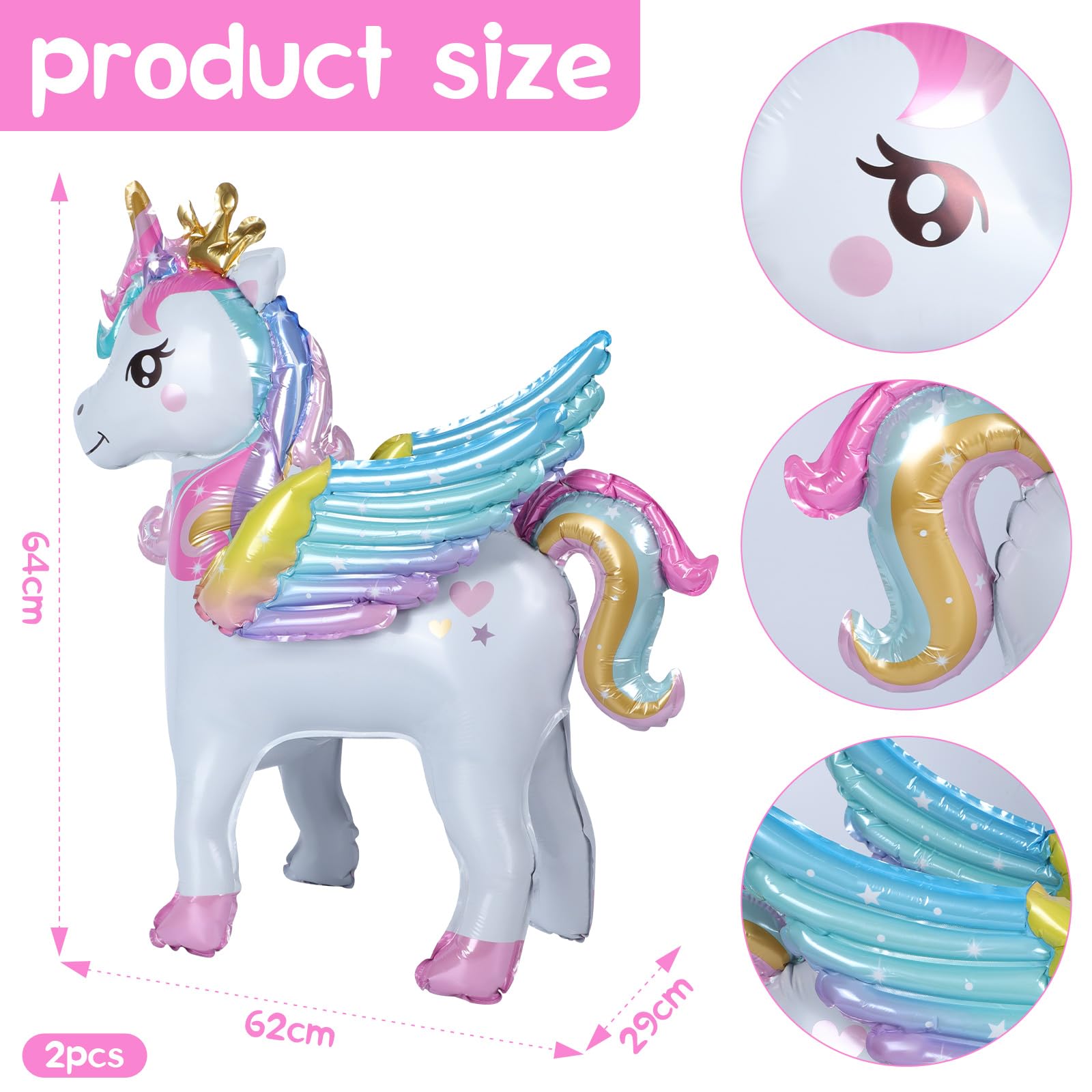2 Palloncini Foil A Forma Di Unicorno 3D In Piedi Con Ali - Per Feste A Tema, Decorazioni Con Elio O Aria - 2